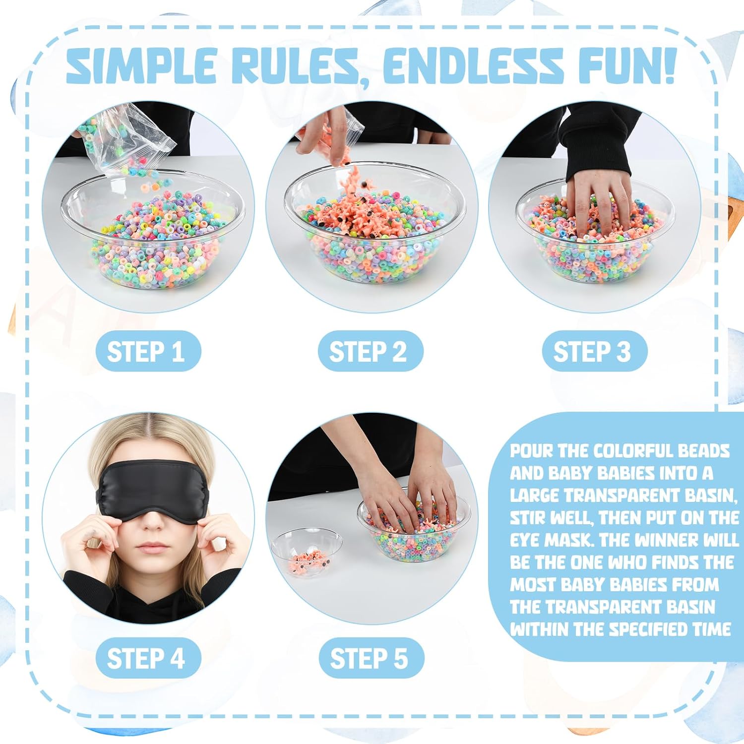 4 Sets 75 Pcs Baby Shower Games Funny Activities Include 8 Clear Basins Bowls 4 Blindfolds 60 Mini Babies 2 Light Color Mixed Beads And Card, Funniest Bridal Shower Game, Grab Baby Madness