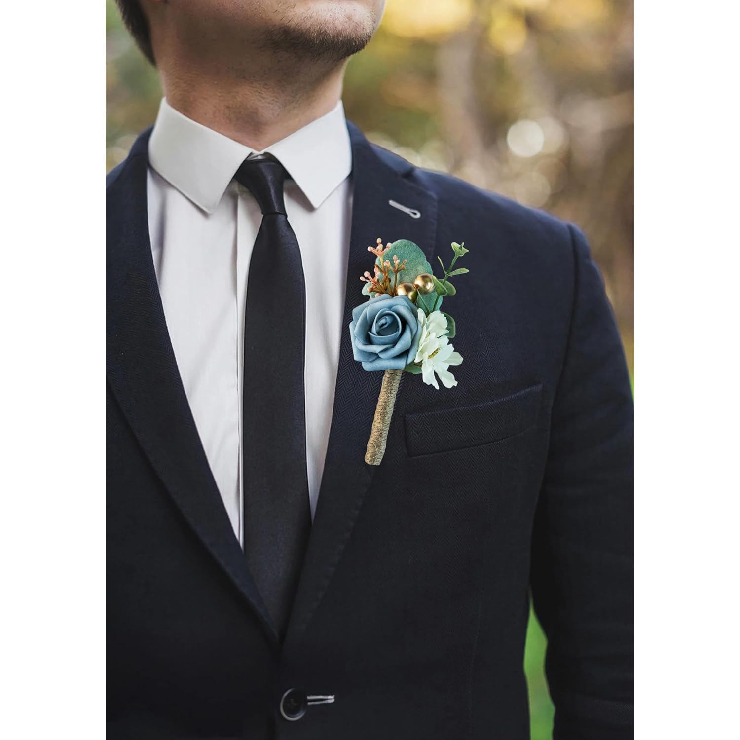 Boutonniere For Men Wedding, Groom Groomsman Artificial Rose Flowers For Wedding Anniversary Celebration,Prom,Party,Home Decoration Set Of 2 (Dusty Blue)