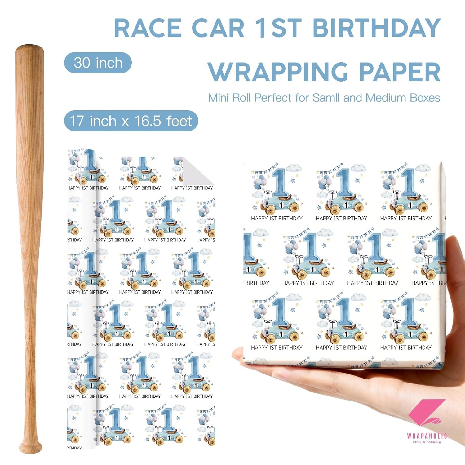 Racing Car 1St Birthday Wrapping Paper Roll - Mini Roll - 17 Inch X 16.5 Feet - Blue Happy 1St Birthday Race Car Wrapping Paper For Baby Boy, Kids Party, Baby Shower