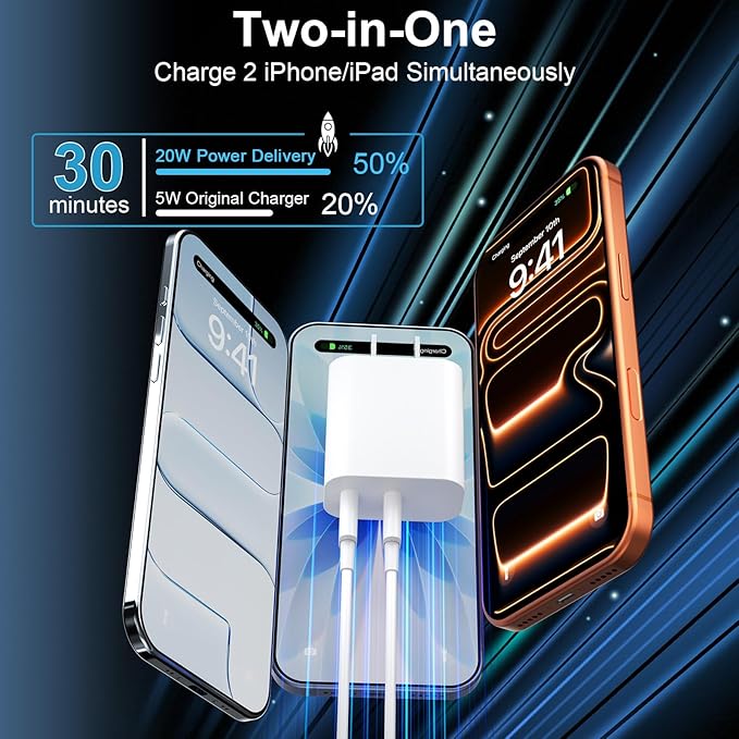 20W USB C Fast Charger with 10FT USB C Charging Cable for iPhone 17 16 15 iPad Android Phone