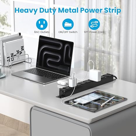 Metal 360° Rotating Power Strip 8 Outlets 1200J Surge Protector 6FT Black