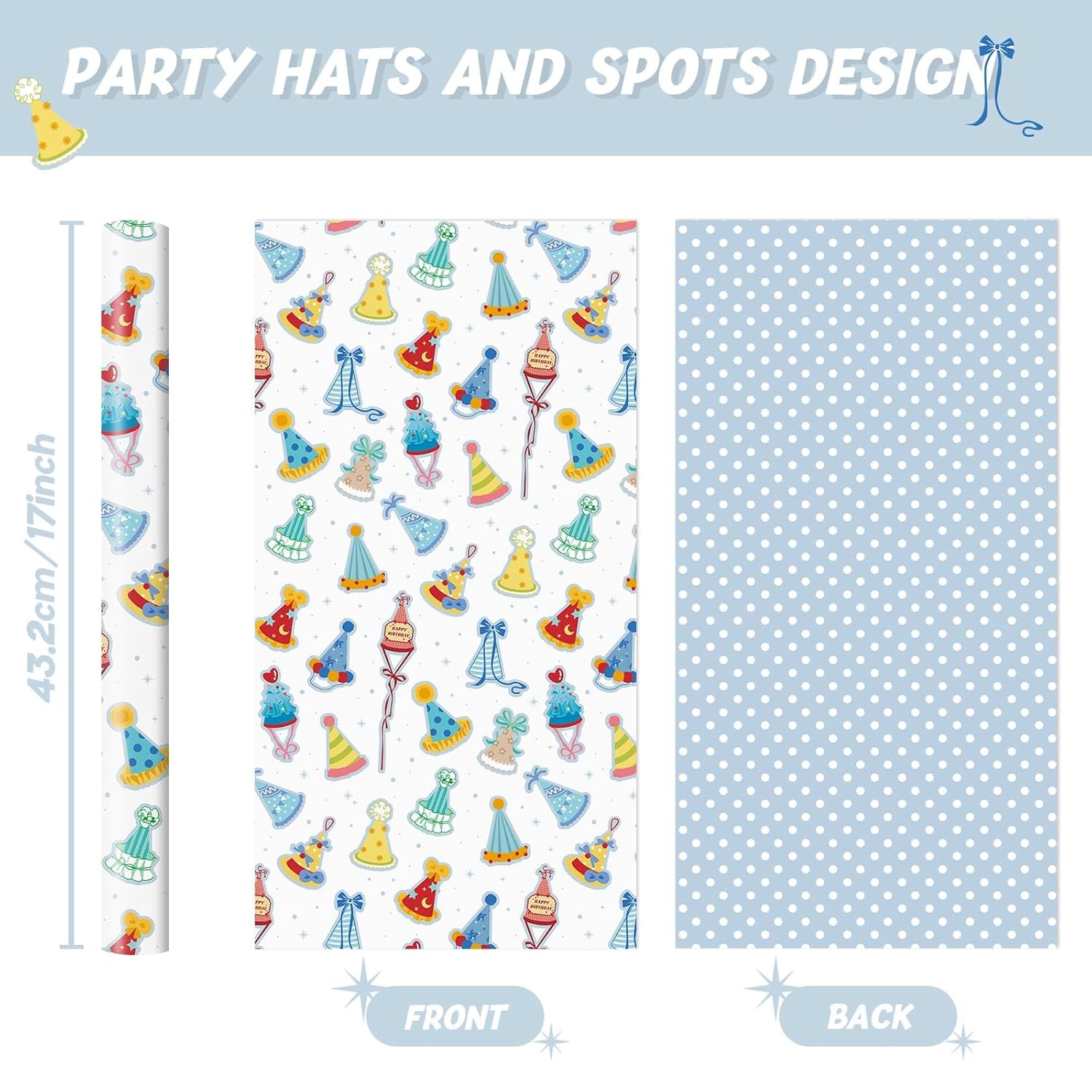 Birthday Hat Wrapping Paper Roll - 1 Roll 17”X 33 Ft Baby Shower Wrapping Paper Happy Birthday Baby Blue Gift Packaging Supply For Kids Party Decor Favor, Reversible