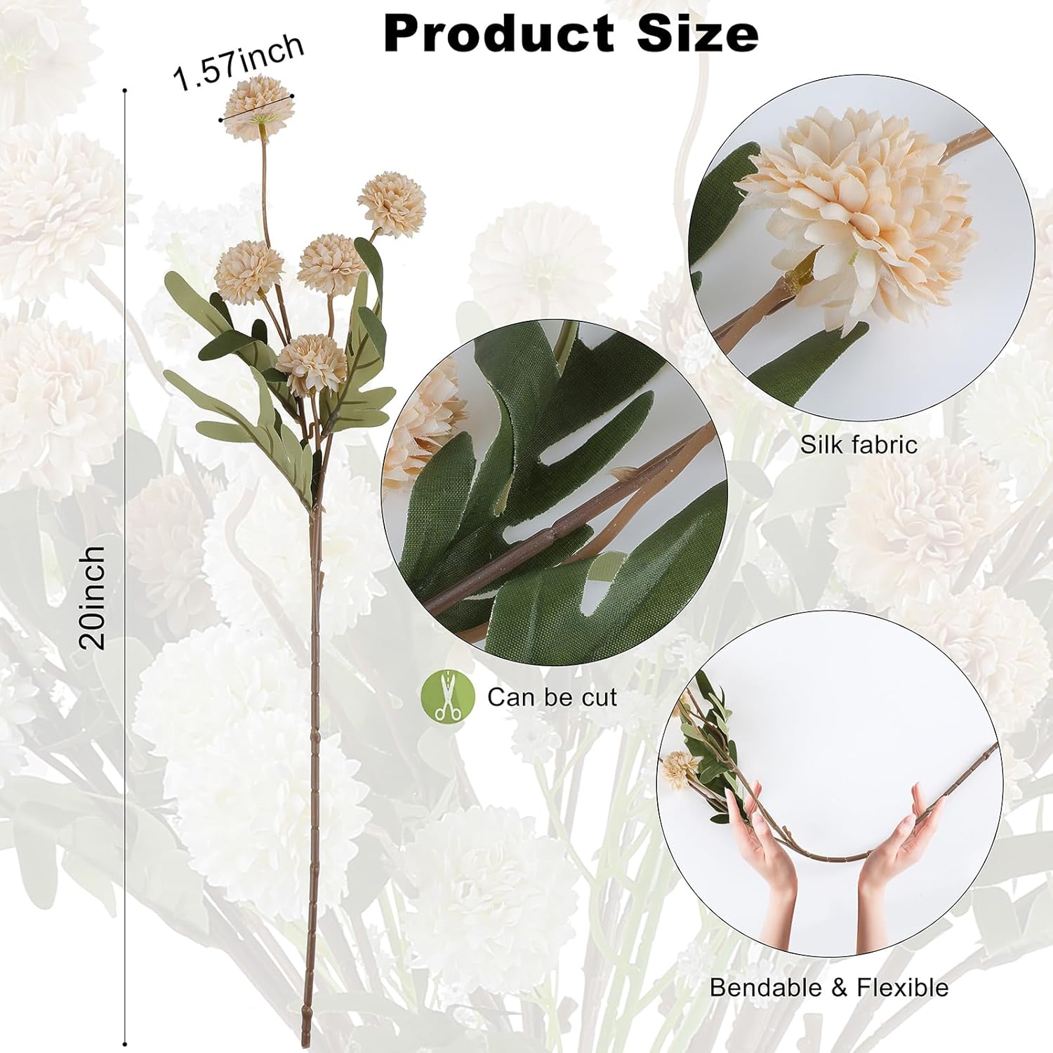 12 Pack Artificial Flowers Bulk - 5 White & 5 Cream Fake Mums With 2 Baby’S Breath Stems, Silk Chrysanthemum Pom Pom Floral Arrangements, Long Stem Faux Flowers For Vase, Wedding, Home Decor