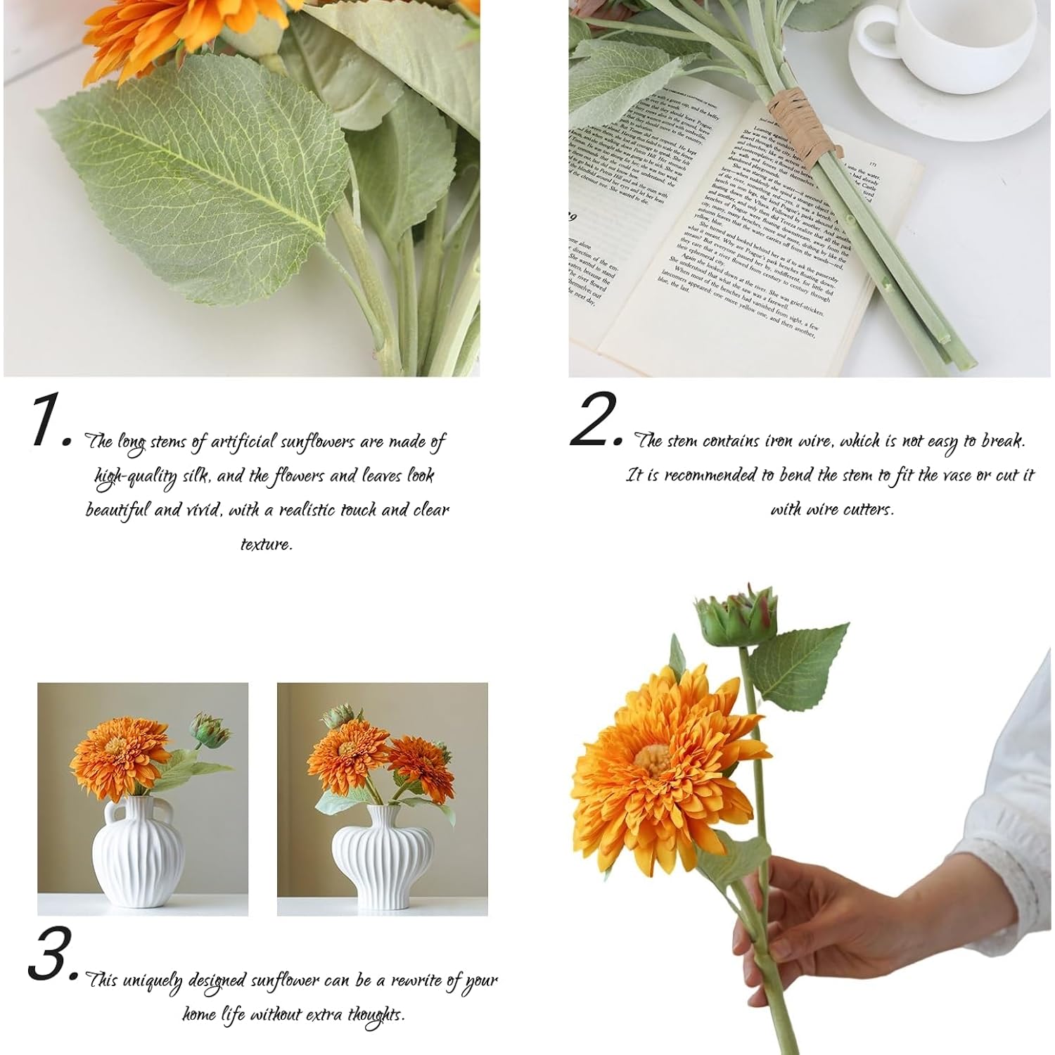 Sunflowers Artificial Flowers Bulk Spring Summer Decor, 3 Pack Fake Flowers Silk Faux Sunflower Bouquet Arrangement For Vase Wedding Table Home Porch Indoor Outdoor Cemetery Decorations