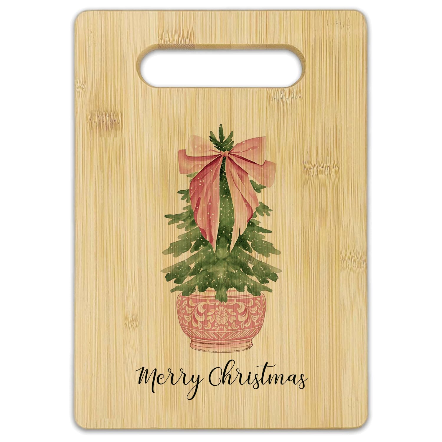 Pink Chinoiserie Merry Christmas Cutting Board, Grandmillennial Christmas Kitchen Decor, Preppy Pink Bow Coquette Xmas Tree Bamboo Cutting Board For Kitchen