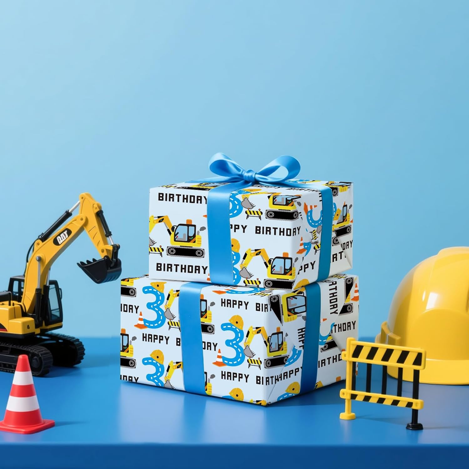 3Rd Birthday Wrapping Paper Roll - Mini Roll - 17 Inch X 16.5 Feet - Adorable Digger Construction Wrapping Paper Perfect For Kids Boys Birthday, Baby Shower