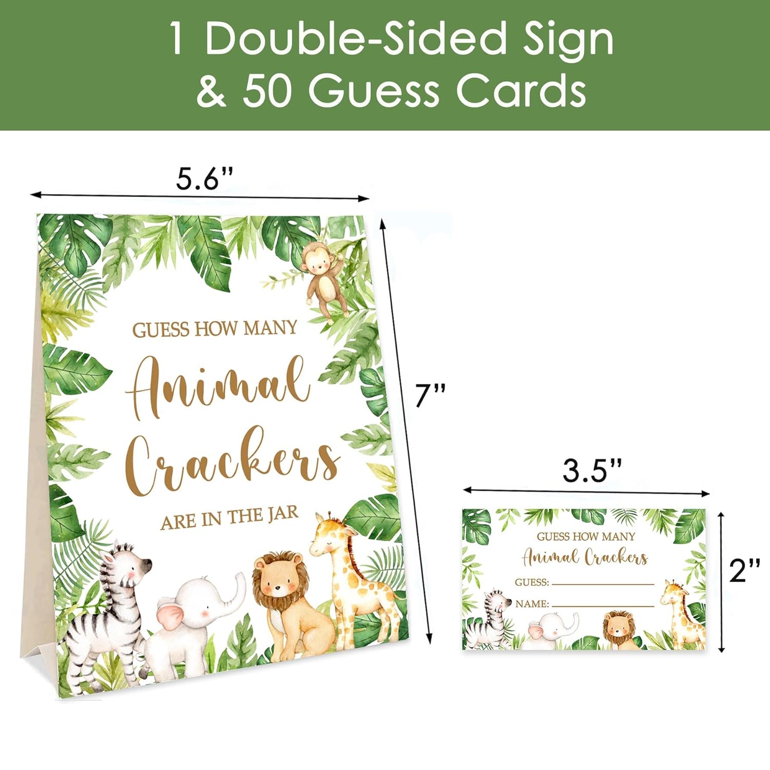 Safari Jungle Guessing Game Cards, How Many Animal Crackers Guessing, 50 Cards And Matching Sign, Safari Animal Baby Shower