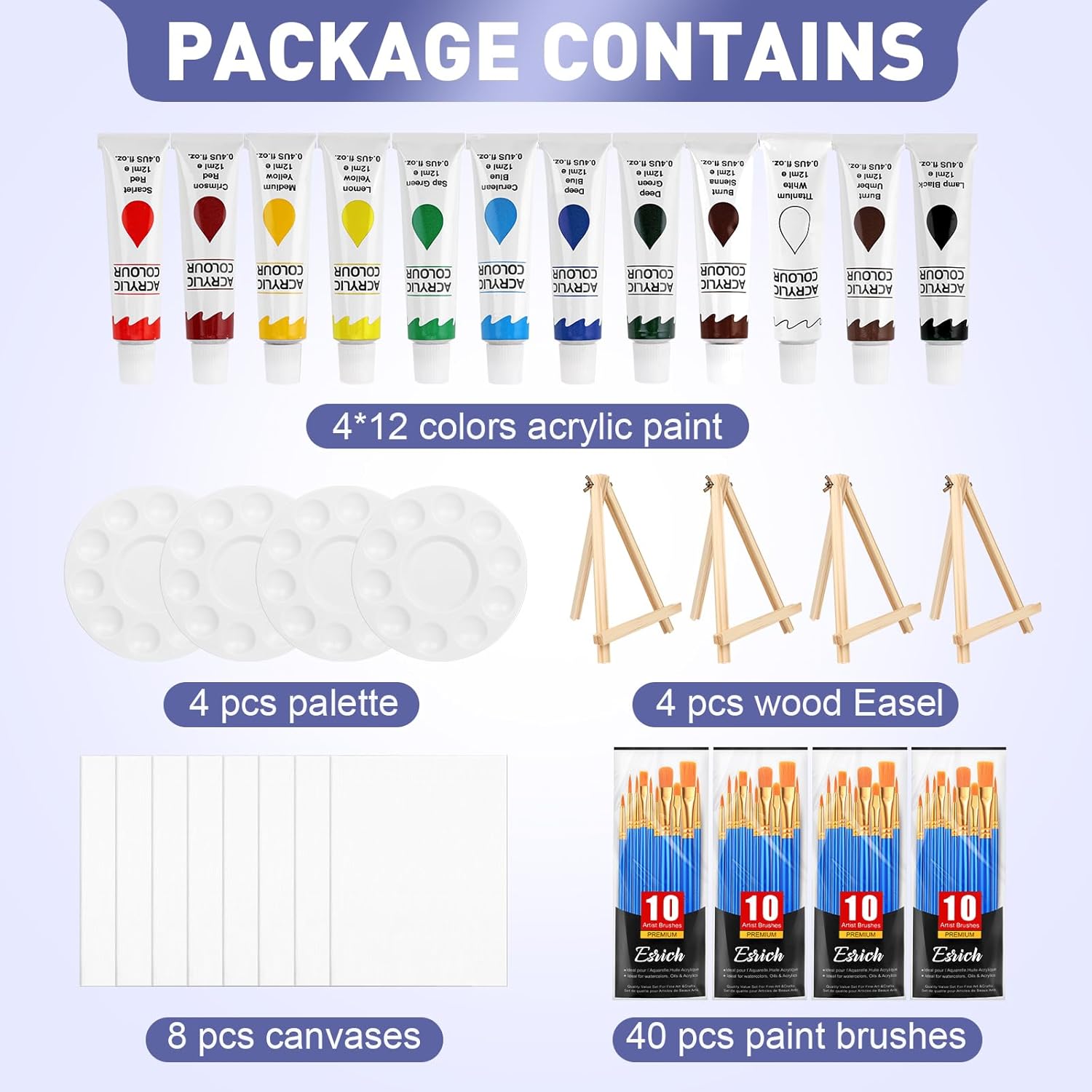 104Pcs Acrylic Paint Canvas Set, Acrylic Painting Kit With 4 Set Of 12 Colors Acrylics Paint,Paint Brushes,Canvas, Wooden Easels, Art Plates, Art Painting Supplies For Kids Adults Beginners