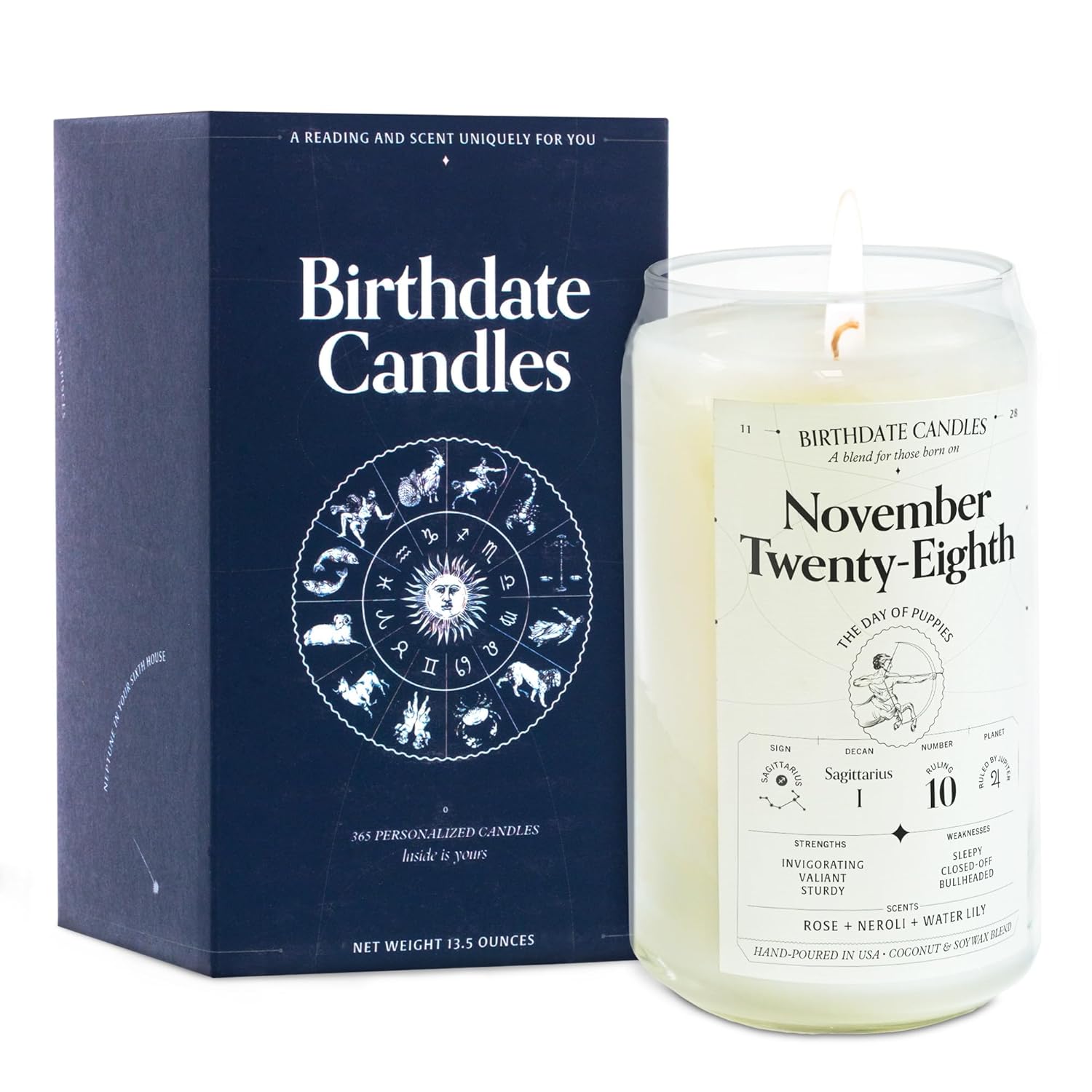 Birthdate Candles, November 28 - Sagittarius Zodiac Scented Candles Birthday Gift - Rose, Neroli & Water Lily Scent - All-Natural Soy & Coconut Wax, 60-80 Hour Burn Time - Made In Usa