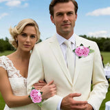 2Pcs Pink Rose Wrist Corsage Wristlet Band And Men Boutonniere Set, For Wedding Anniversary Ceremony Artificial Flowers Accessories Prom Party Suit Decorations
