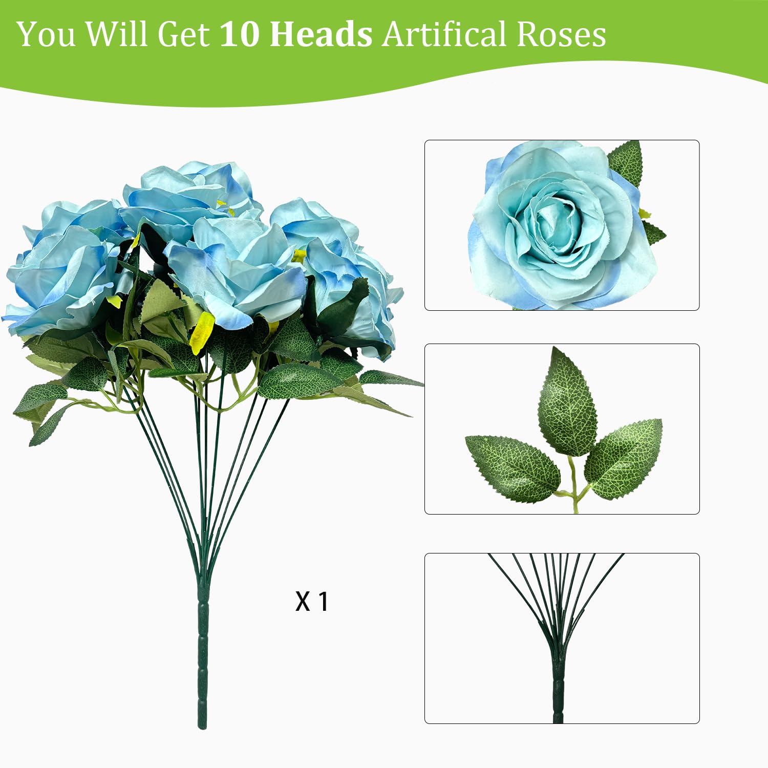10 Heads Artificial Rose Flowers Fake Roses Silk Realistic Bouquet For Diy Wedding Bridal Shower Party Table Centerpieces Home Decorations Blue