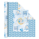 Baby Boy Wrapping Paper Roll - 1 Roll 17”X 33 Ft Blue Baby Elephant Wrapping Paper For Kids Birthday Gift Packing Supply Elephants And Footprints Design Paper For Baby Showerparty Favor, Reversible