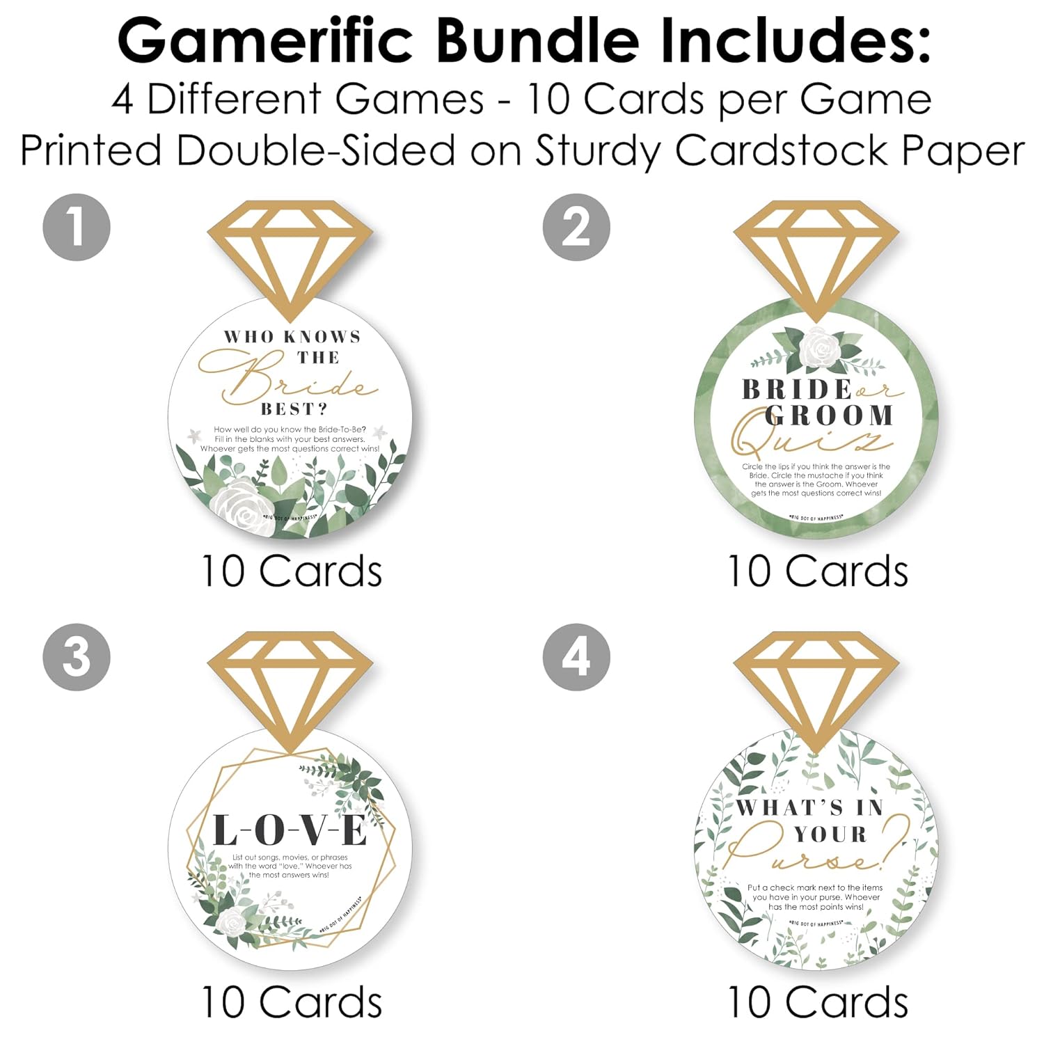 Big Dot of Happiness Boho Botanical Bride - 4 Greenery Bridal Shower Games - 10 Cards Each - Gamerific Bundle