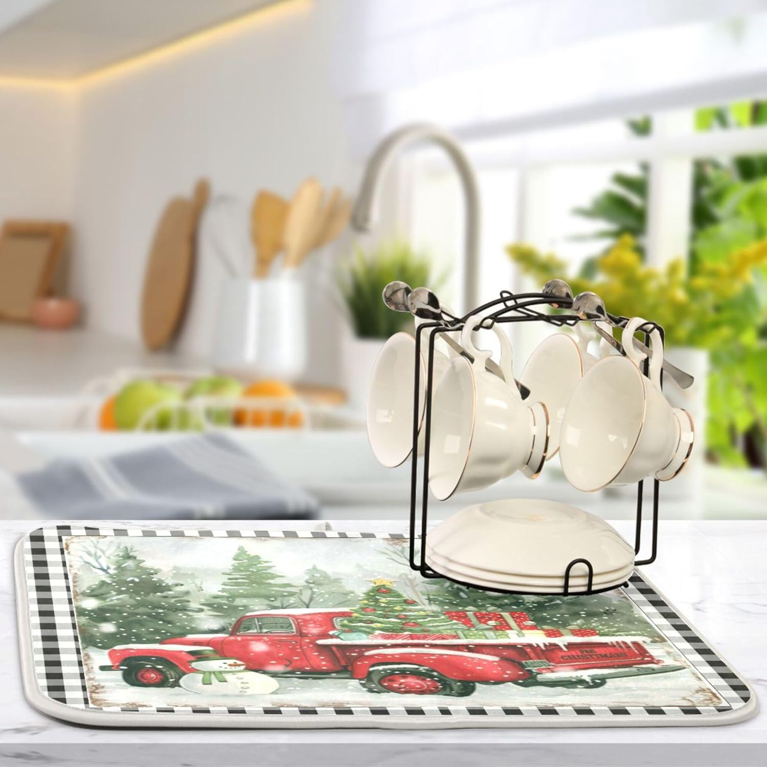 Merry Christmas Truck Tree Dish Drying Mat For Kitchen Winter Snowman Buffalo Plaid Microfiber Drying Mats Absorbent Reversible Dish Pad Medium Dish Draining Mat 16X18 Inch