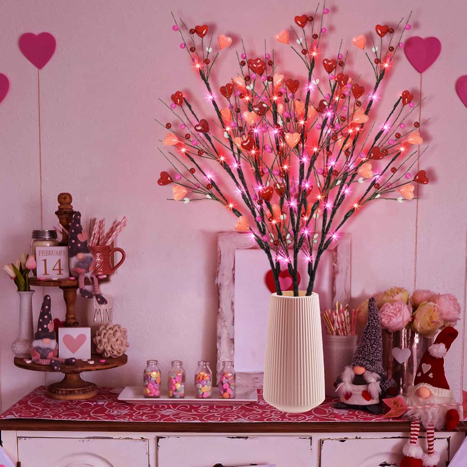 3 Pack Lighted Valentine'S Day Decoration, 30" Tall Artificial Red Pink Heart Shaped Berry Picks With 60Led Lights Timer Lighted Branches For Vases Valentine'S Day Gifts Anniversary Wedding