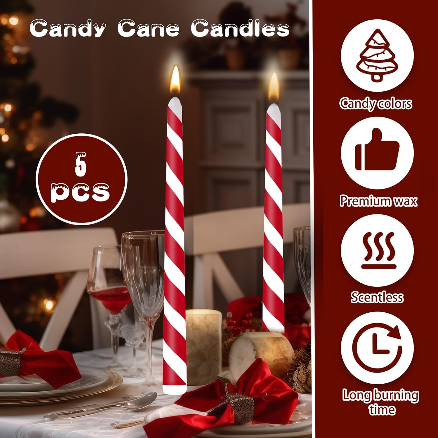 5 Pcs Christmas Taper Candles,10Inch Tall Candy Cane Red And White Stripe Candles Advent Candles Set Of 5 Dripless Advent Wreath Candle For Xmas Party Home Decor (Red White)