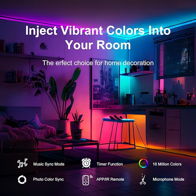 200FT RGB LED Strip Lights Bluetooth Music Sync Remote App Control Bedroom Lights