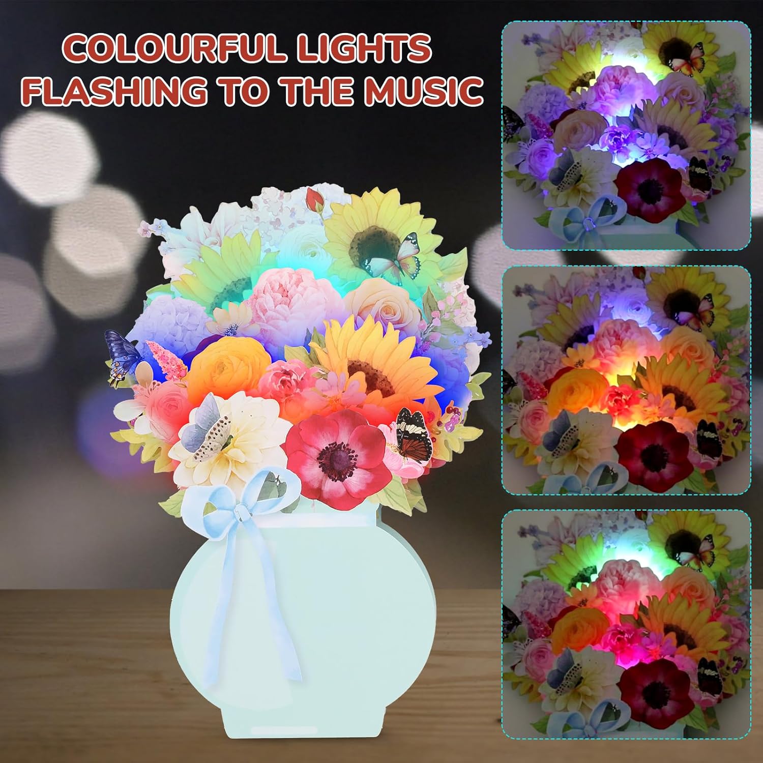 Pop Up Cards, Music&Lights Paper Flower Bouquet With Note Card & Envelope, 10" Diy Flower Bouquet With Sunflowers, Roses, And Butterflies, Includes 6 Sentiment Stickers For Happy Birthday