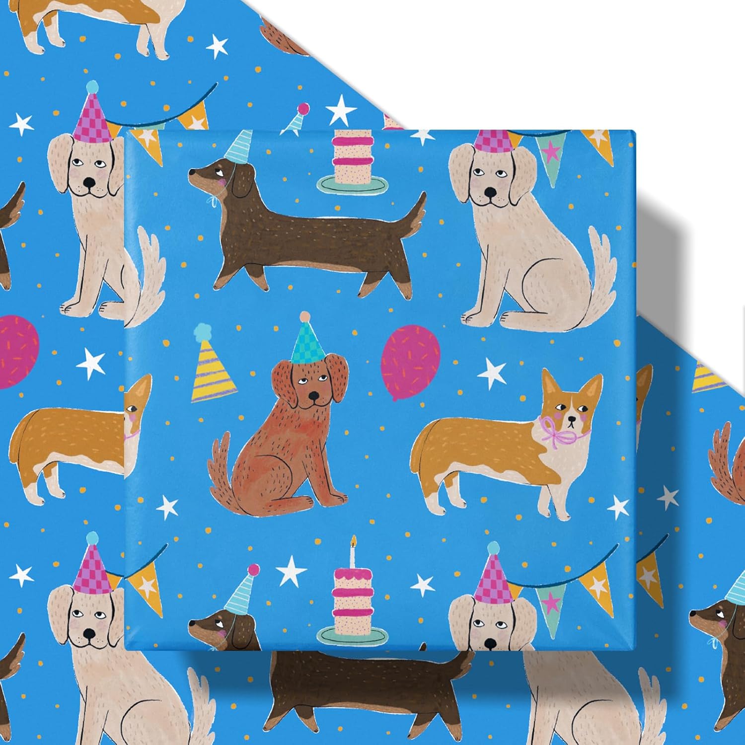 Dog Birthday Wrapping Paper Roll For Boys, Mini Roll, Cute Cartoon Dog With Party Hats, Cakes And Balloons Design, Blue Gift Wrap For Kids, Pet Lovers, Pet Birthday, 17 Inches X 16.4 Feet