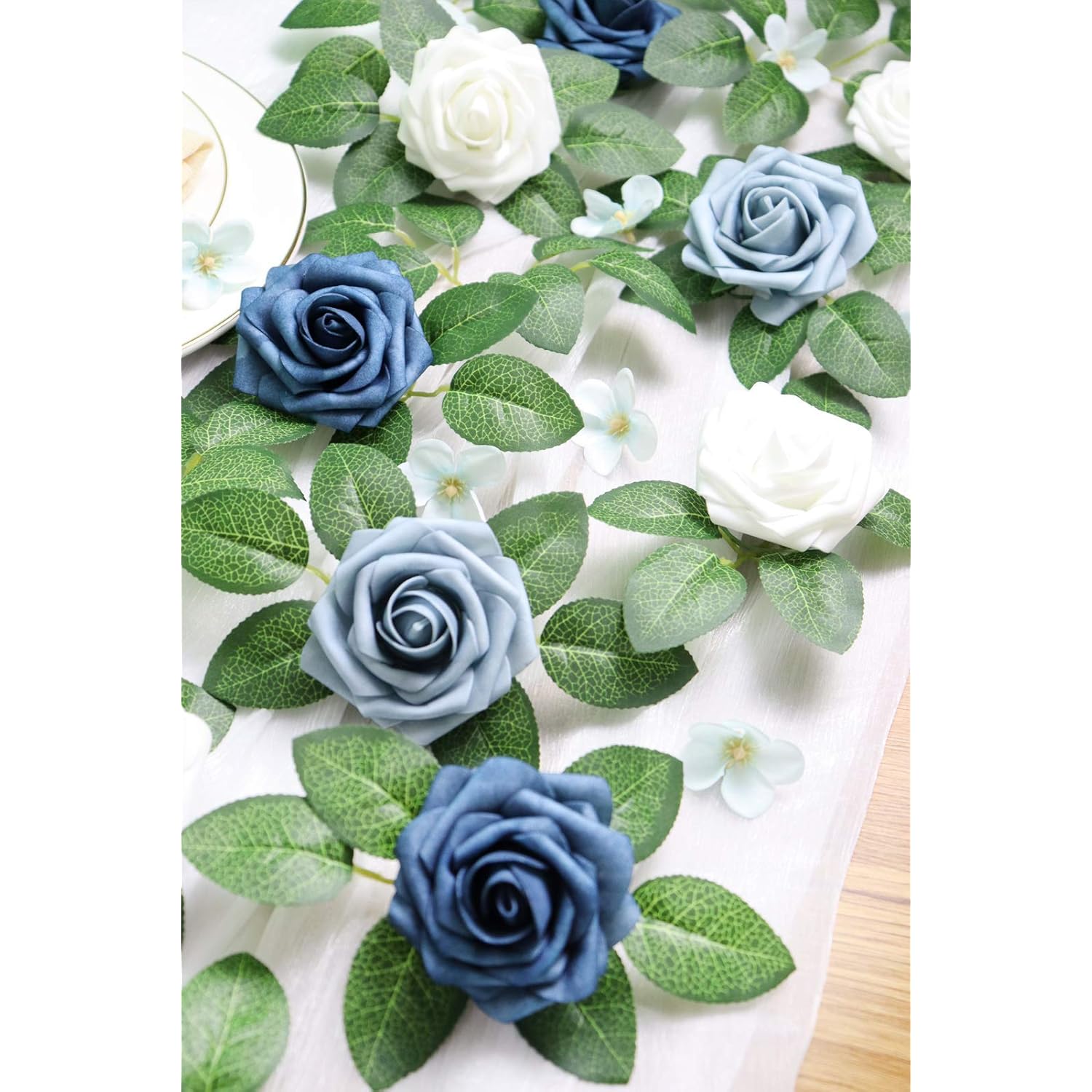 Artificial Flowers 25Pcs Real Looking White & Dusty Blue Shades Fake Roses With Stem For Diy Wedding Bouquets Centerpieces Baby Shower Party Home Decorations