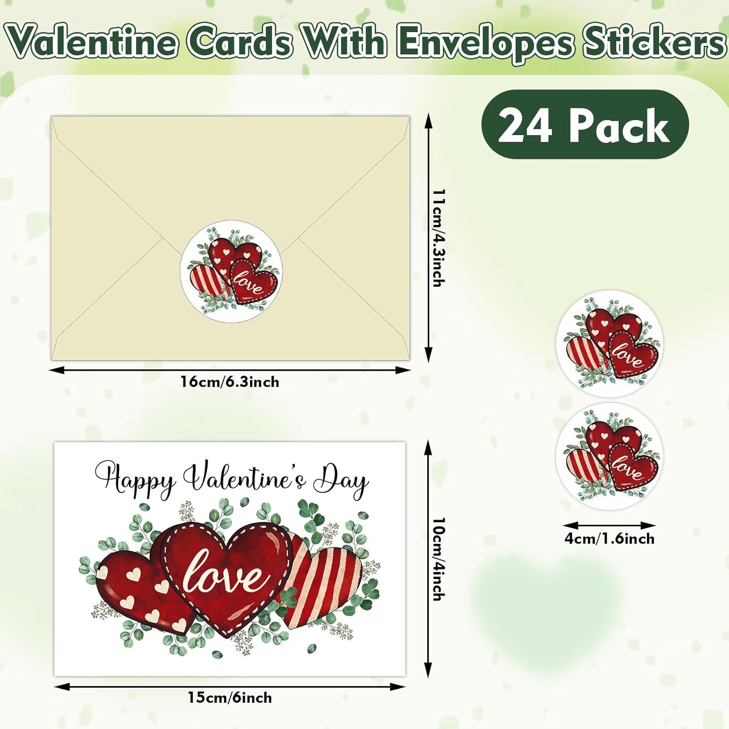 24 Pack Happy Valentines Day Cards With Envelopes Stickers - 4 X 6 Inch Romantic Anniversary Card Watercolor Blank Valentine Note Card Gifts For Her, Him, Wife, Wedding (Green Eucalyptus Love)