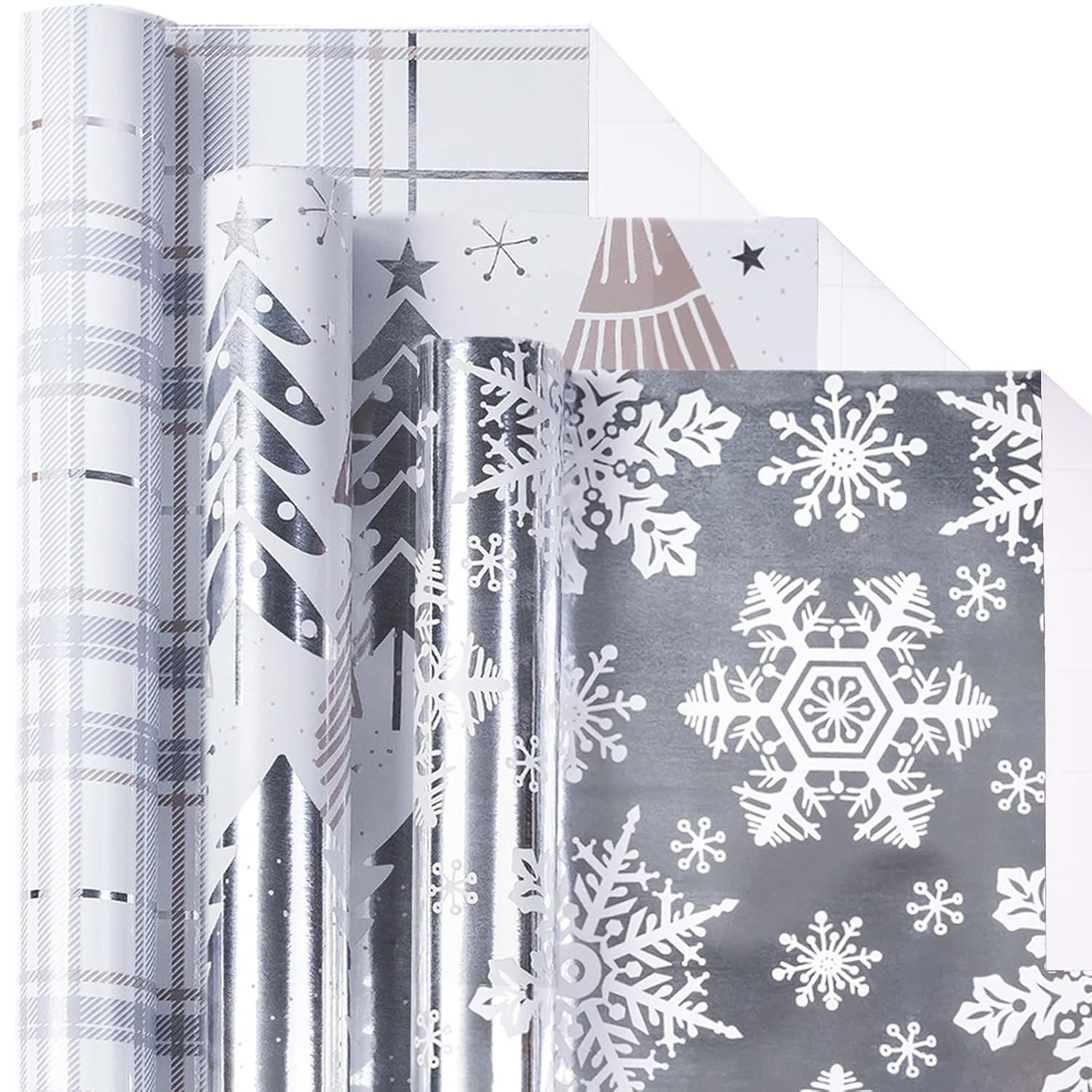 Christmas Wrapping Paper Mini Roll, Silver Metallic Foil Paper - Tree/Snowflake/Plaid Design For Gift Wrap, Arts Crafts - 17 X 120 Inches - 3 Rolls (42.5 Sq.Ft.Ttl.)