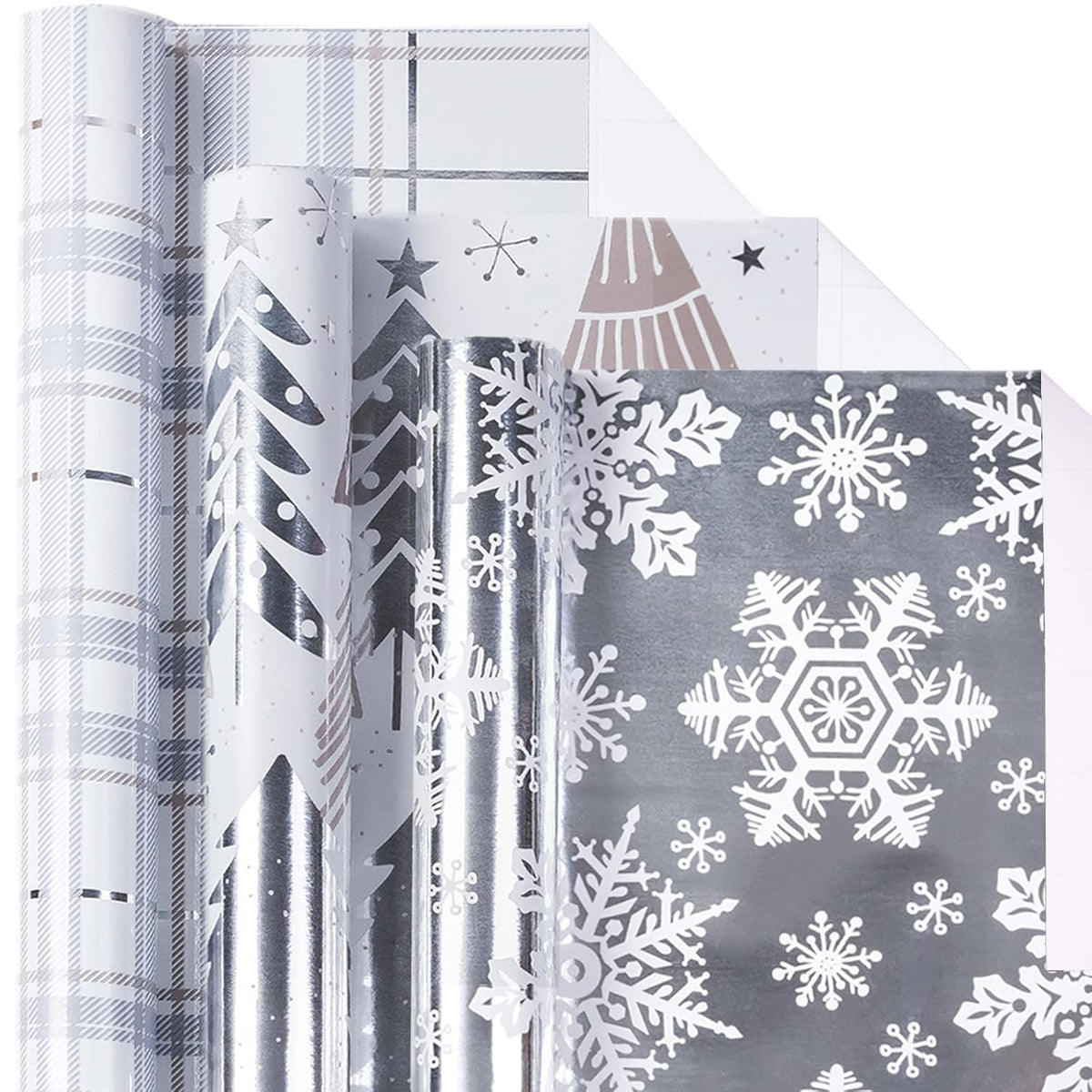 Christmas Wrapping Paper Mini Roll, Silver Metallic Foil Paper - Tree/Snowflake/Plaid Design For Gift Wrap, Arts Crafts - 17 X 120 Inches - 3 Rolls (42.5 Sq.Ft.Ttl.)