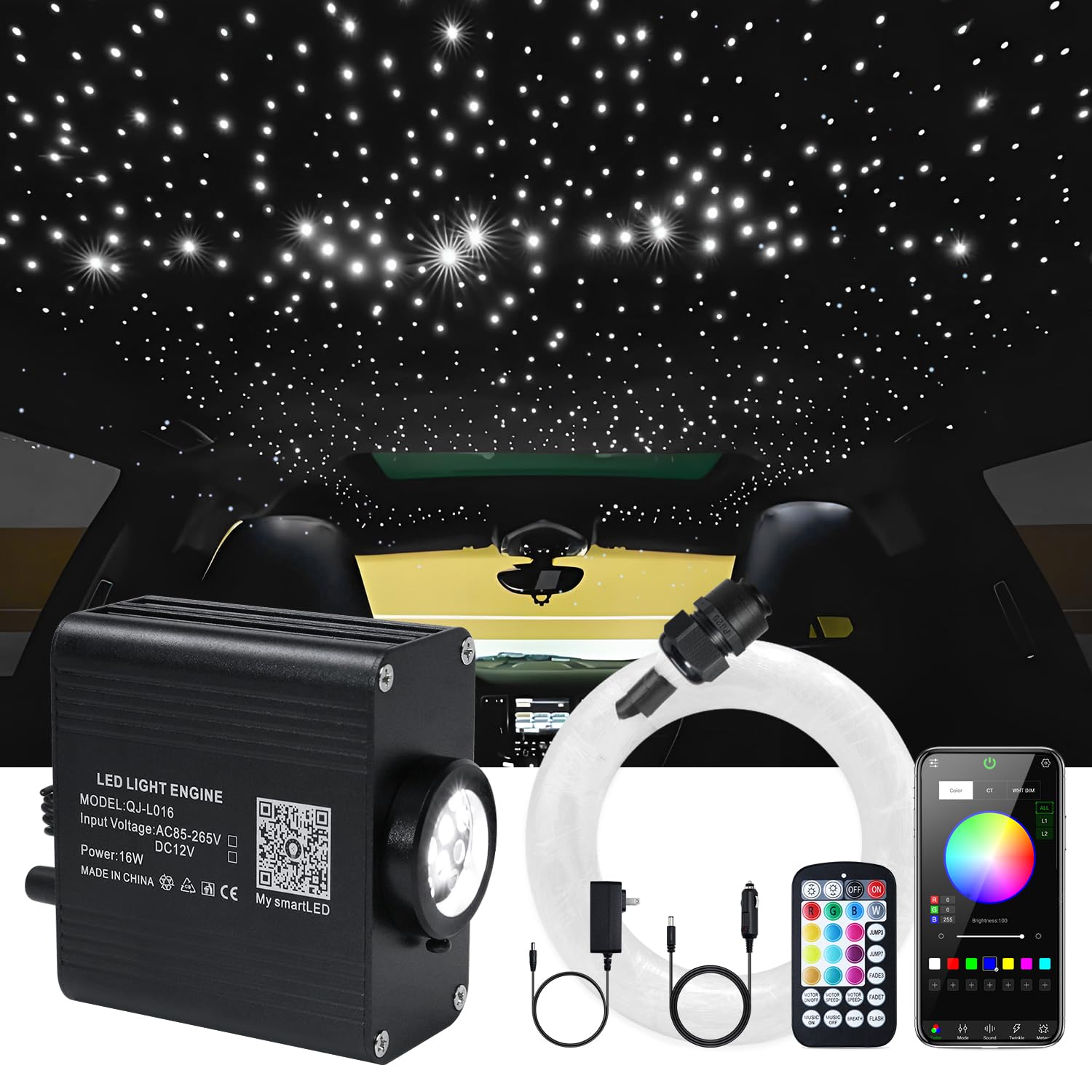 Starlight Headliner Kit, Twinkle & Sound Activate Rgbw 16W Car Fiber Optic Lights With Bluetooth App & Remote Control, 650 Pcs*0.03In*9.8Ft, Star Lights For Car/Home Decor