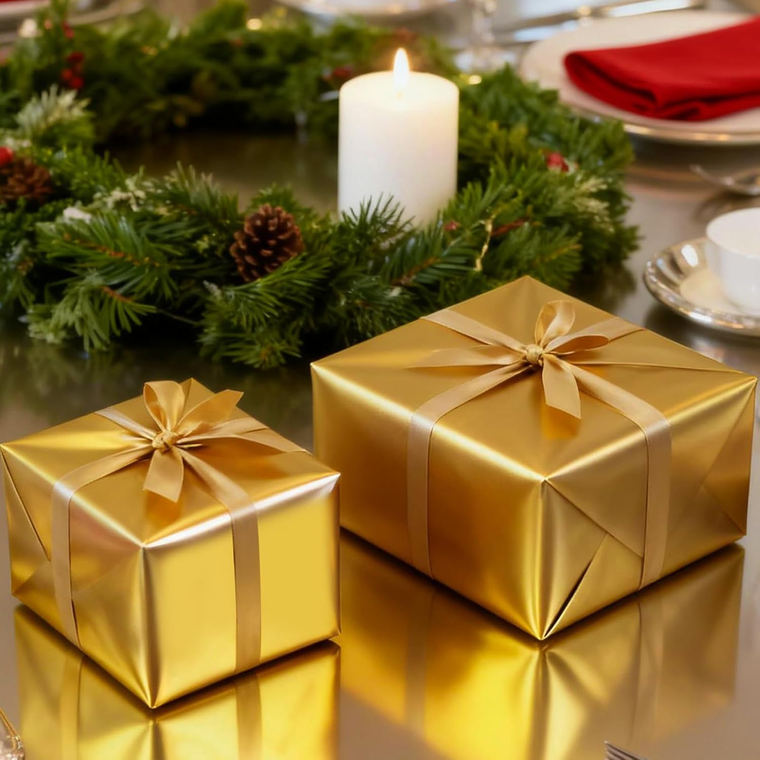 Gold Christmas Wrapping Paper, Solid Color Matte Metal Gift Paper Roll - 17 Inch X 33 Feet, Gift Wrapping Paper For Xmas, Wedding, Birthday, Holiday Party