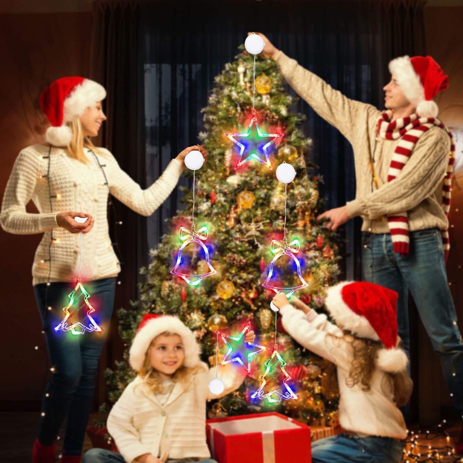 Christmas Window Lights, 3 Pack Lighted Christmas Decorations With Suction Cups, Battery Operated Plastic Tree & Jingle