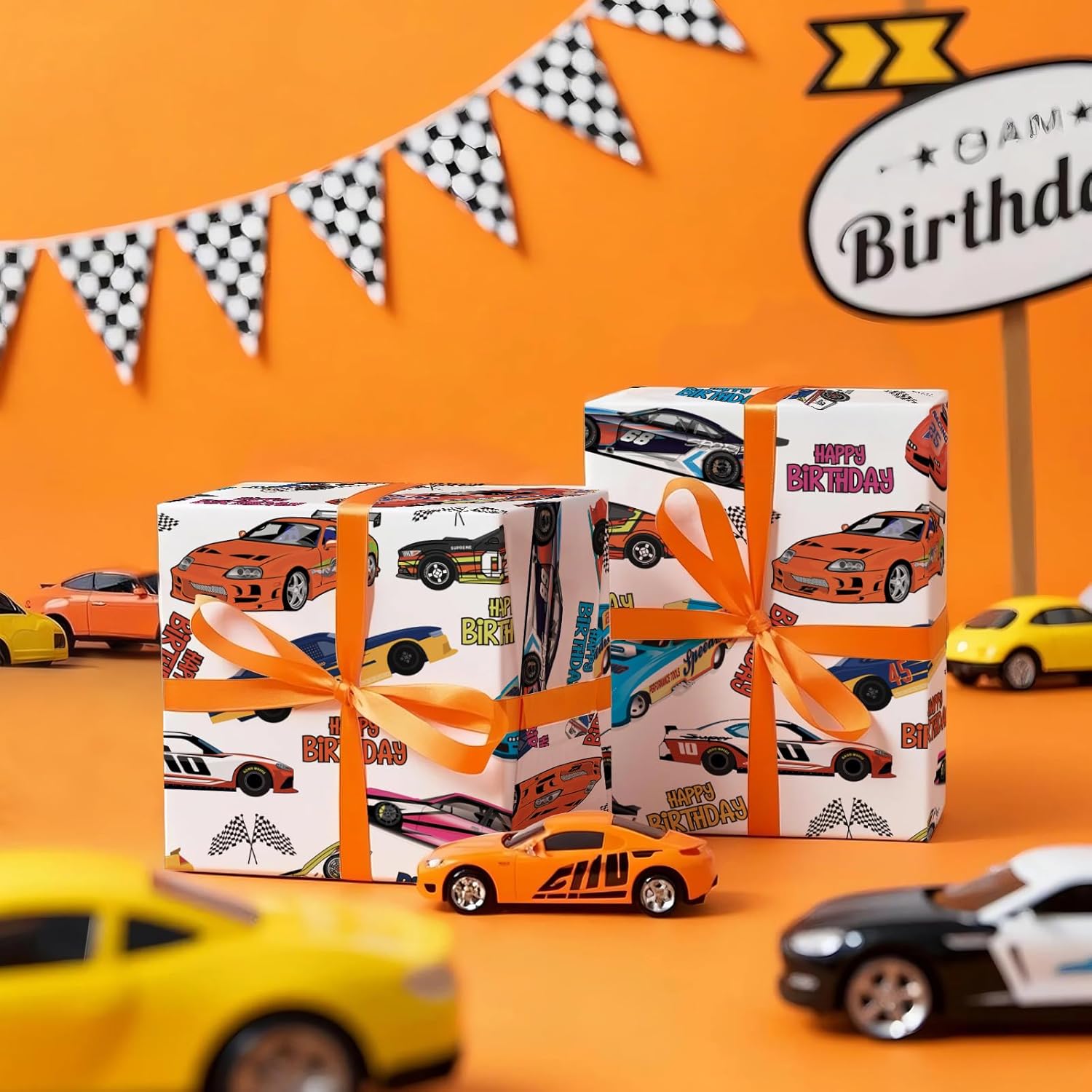 Racing Car Wrapping Paper Roll - Mini Roll - 17 Inch X 16.5 Feet - Happy Birthday Car Wrapping Paperfor Kids Boys Birthday, Baby Shower