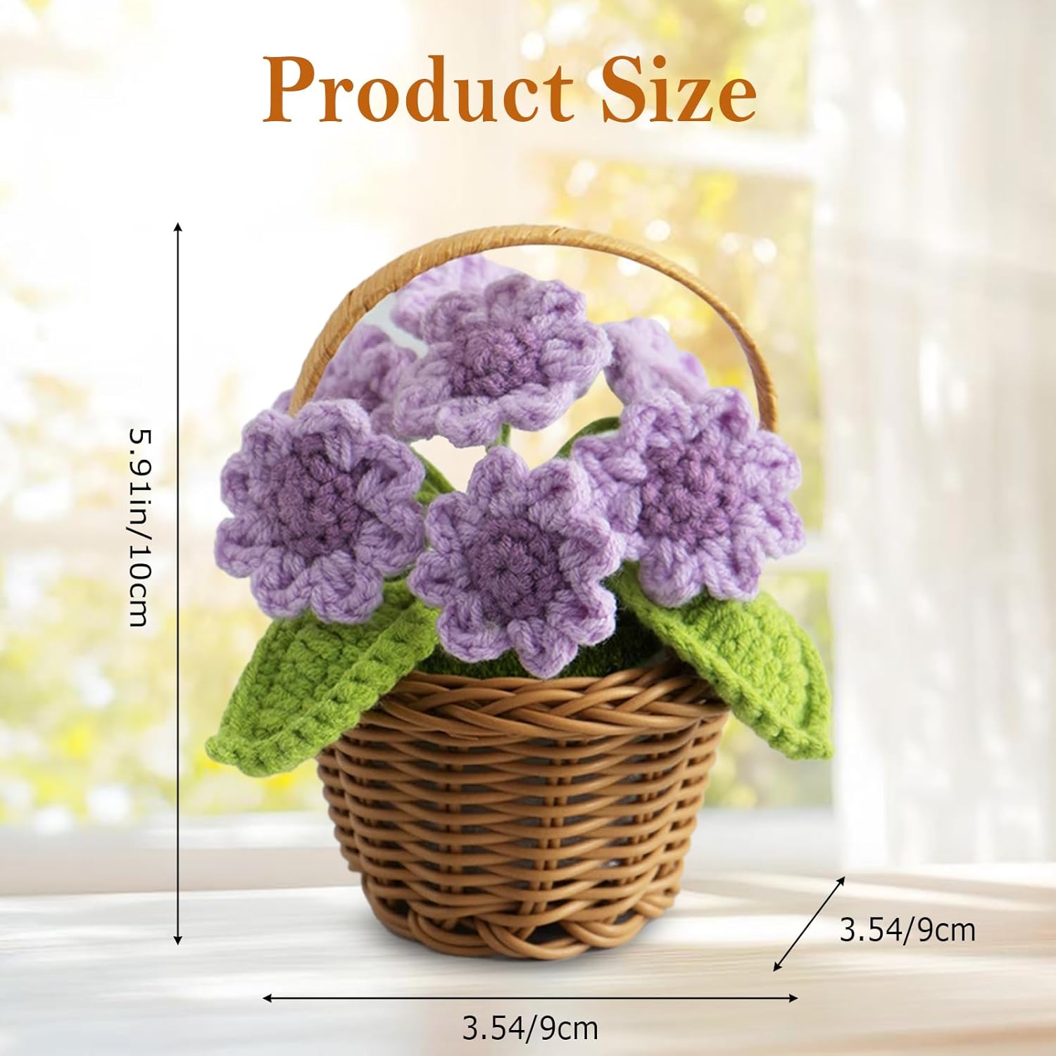 Handmade Crochet Flowers Basket – Positive Crochet Plant Arrangement, Fake Flowers Bouquet For Office Desk, Cool Gifts For Coworkers, Cute Desk Decor, Feel Better Gifts For Women (Purple)