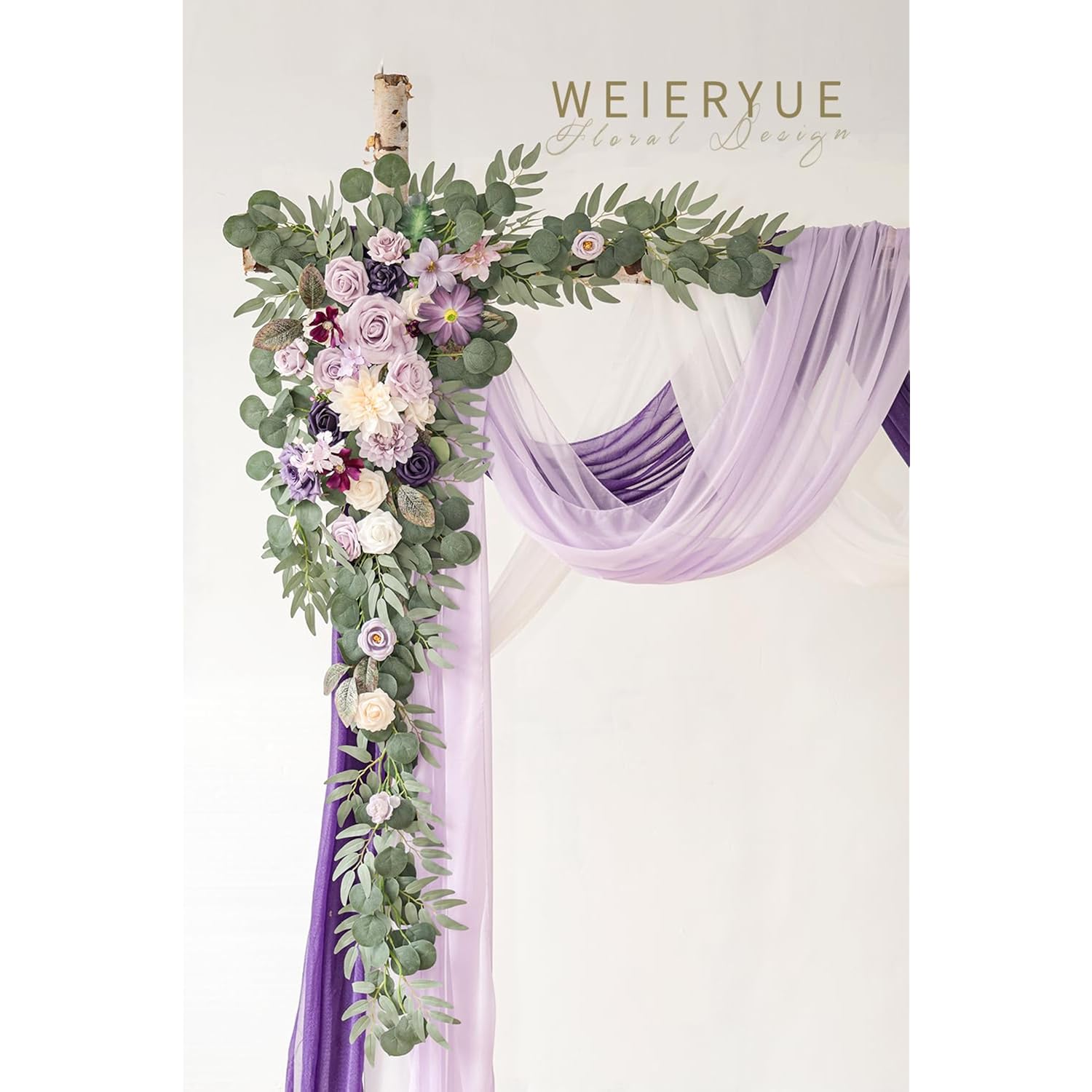 Deluxe Purple Artificial Wedding Arch Flowers With Drapes Kit-Pack Of 5, 2Pcs Flower Arrangements 3Pcs Hanging Sheer Drapes Blue Ceremony Arbor Reception Backdrop Rose Floral Decorations.
