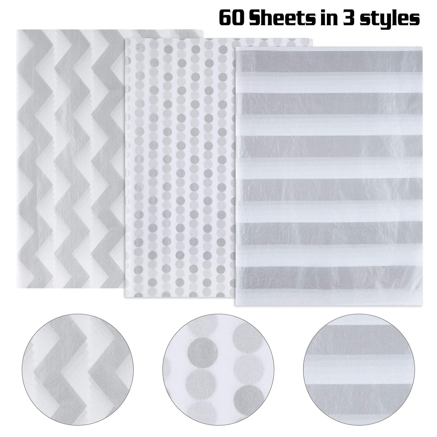 60 Pcs Silver White Tissue Paper Bulk 3 Style Decorative Metallic Wrapping Paper For Birthday Weddings Christmas Party Decoration, Diy Arts Crafts