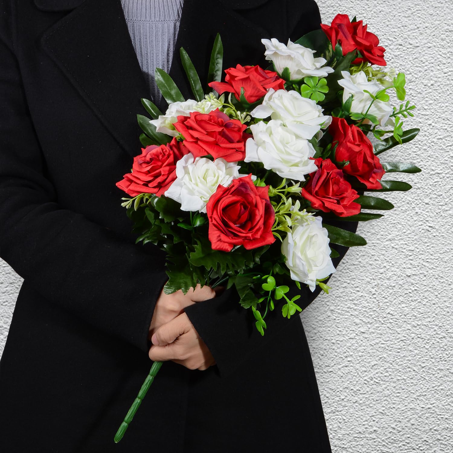 Artificial Cemetery Flowers, Memorial Rose Flowers Grave Decoration Flower Bouquets With Vase For Cemetery Graveyard Headstones Decor, Set Of 2 (Red&White)