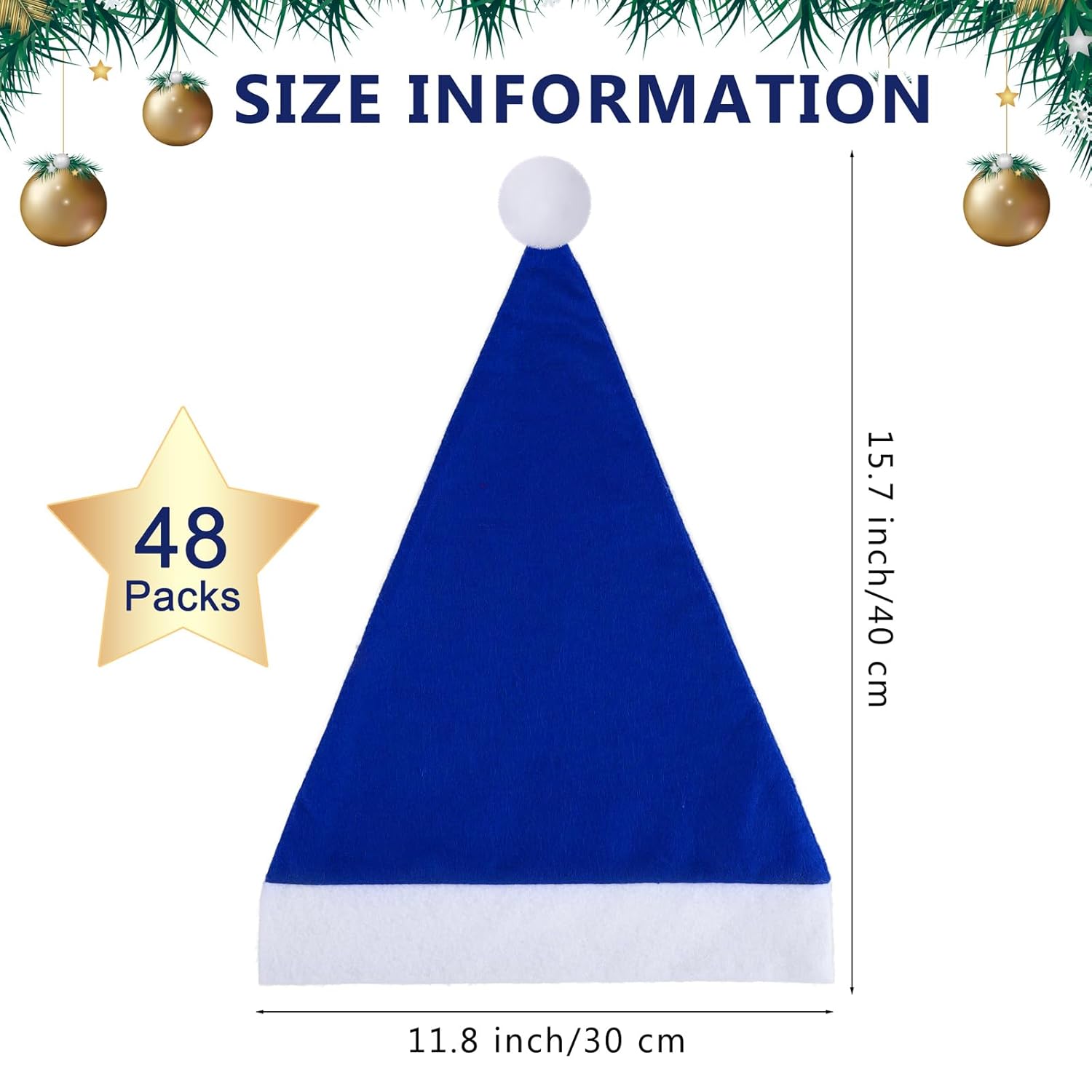 48 Pieces Christmas Blue Santa Hat For Adults With White Cuffs Santa Hats Bulk Non-Woven Christmas Caps For Christmas New Year Party Supplies