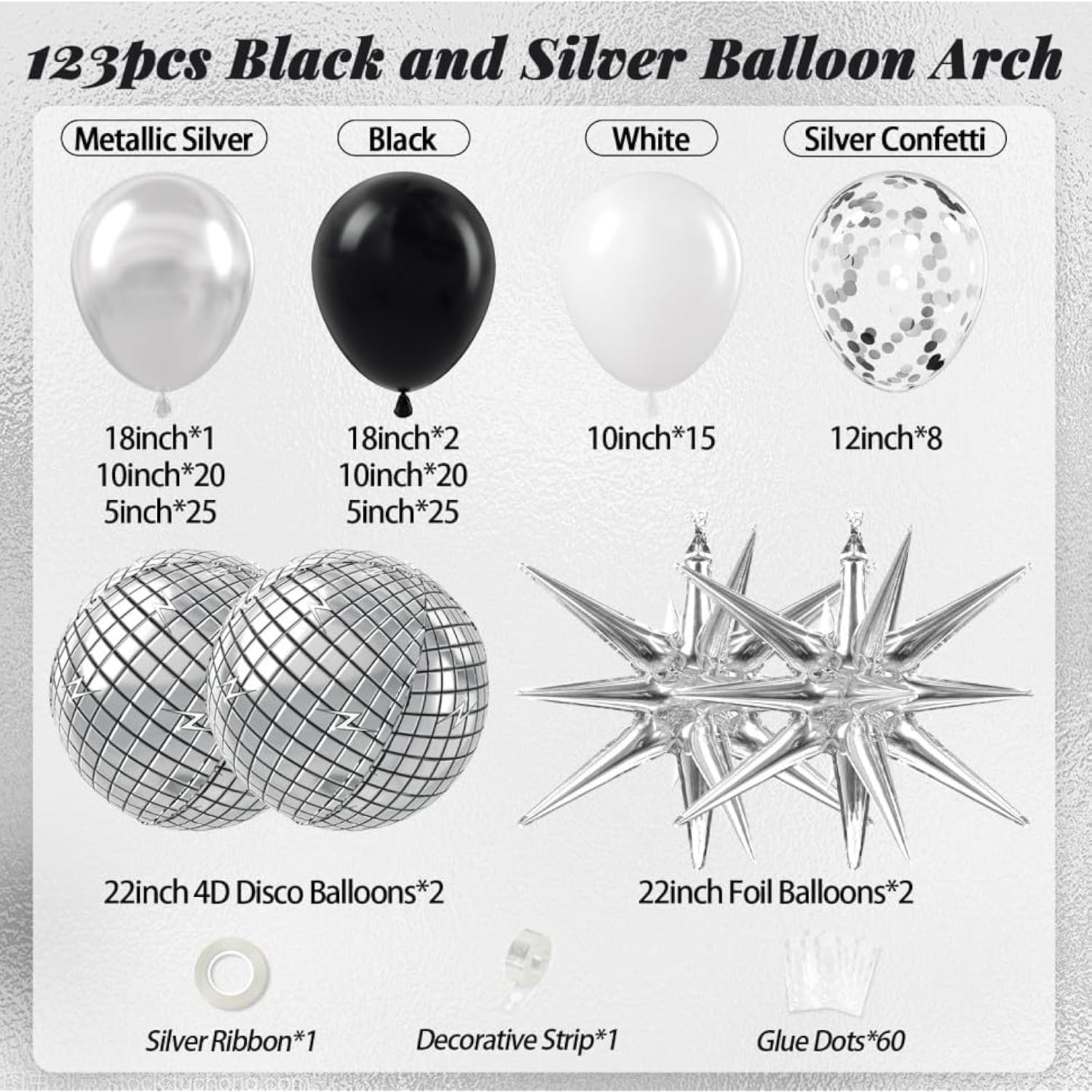 123Pcs Black And Silver Balloon Arch Kit With Black White Metallic Silver Confetti Foil Balloons Disco Ball Balloons For Black And Silver Disco Birthday Party Decorations
