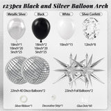 123Pcs Black And Silver Balloon Arch Kit With Black White Metallic Silver Confetti Foil Balloons Disco Ball Balloons For Black And Silver Disco Birthday Party Decorations