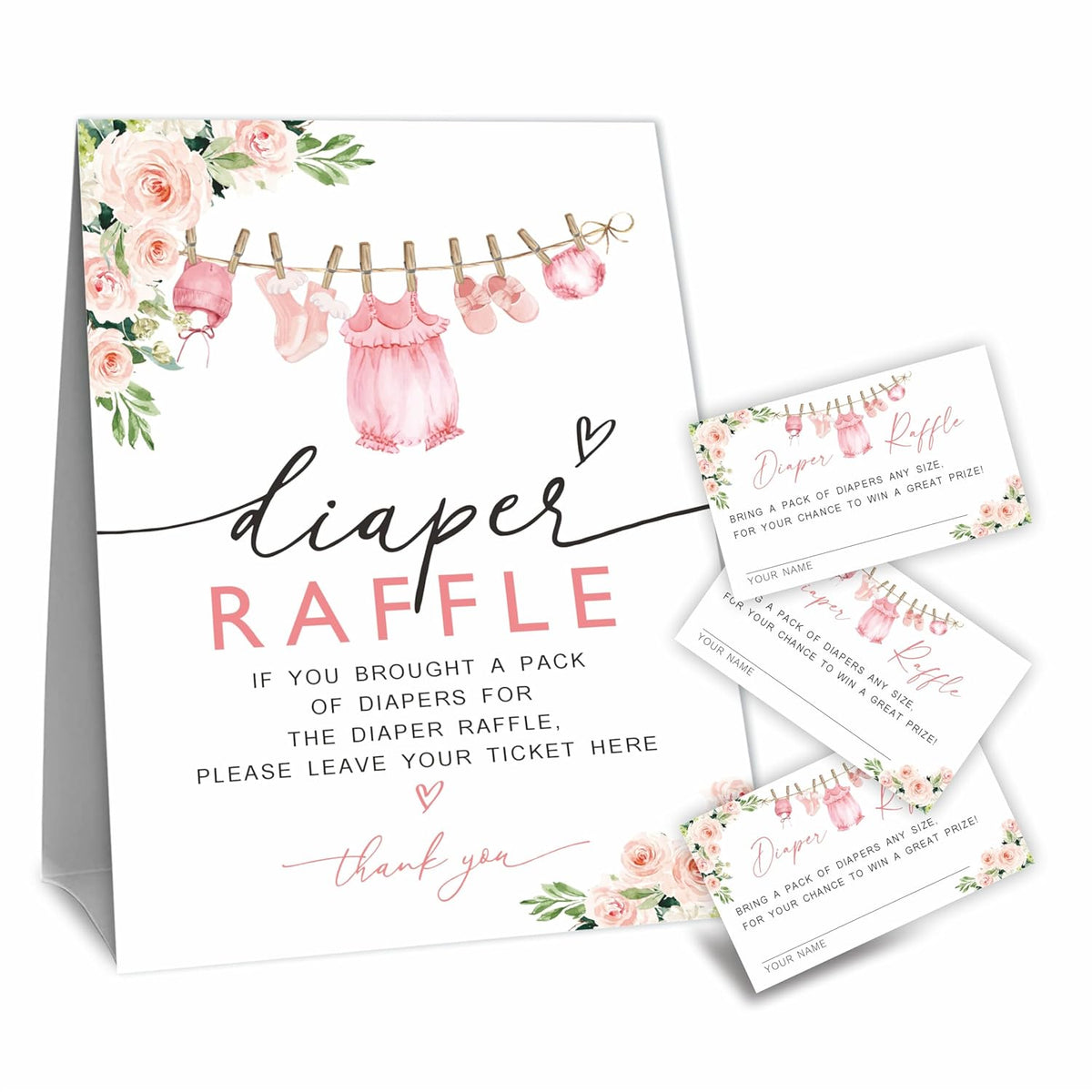 Baby Shower Diaper Raffle Game Kit - Floral & Accessories, 50 Tickets & 1 Standing Sign, Decoration For Shower, Gender Reveal, Announcement, Party Favor & Decorations - B03