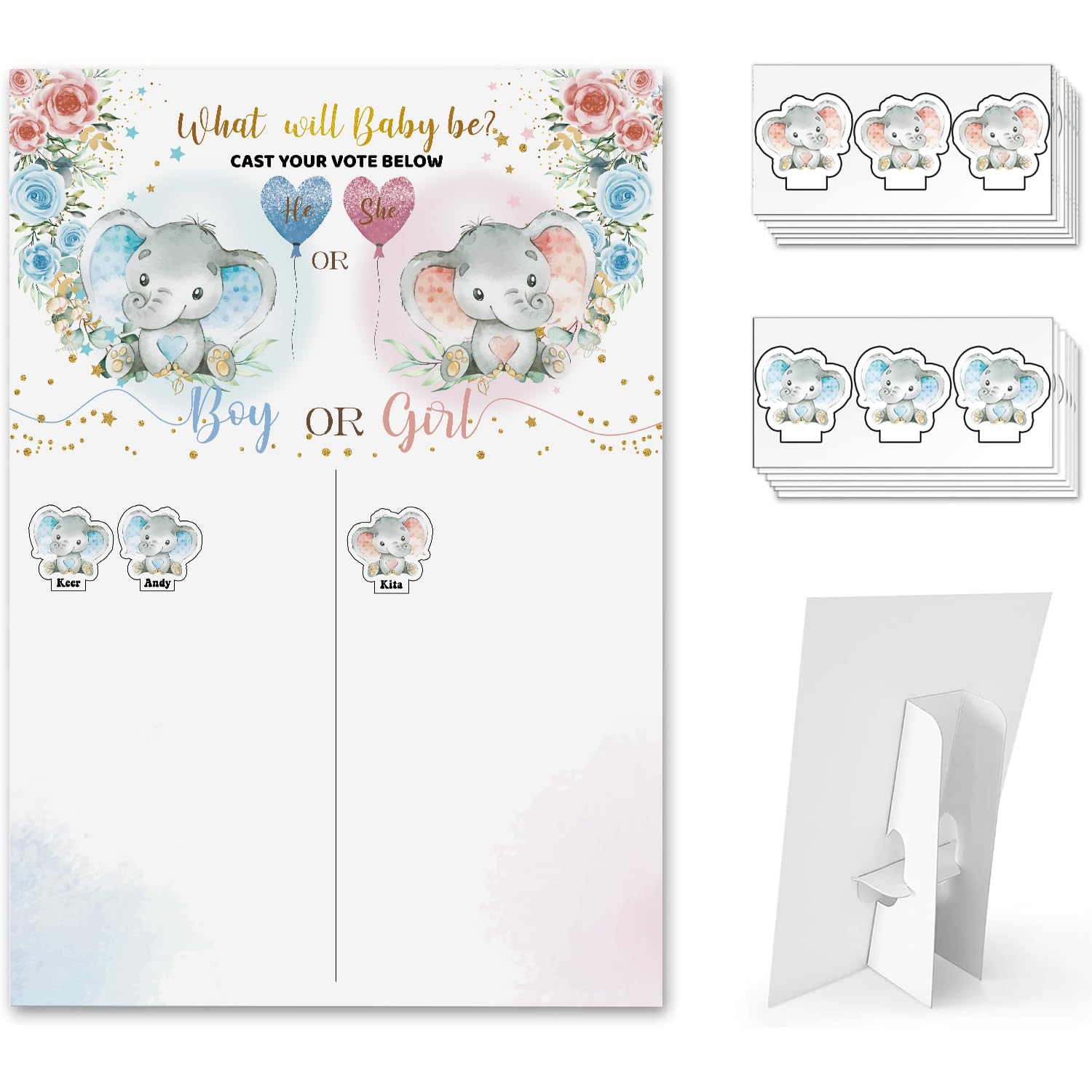 Baby Gender Reveal Board With Stand, 60 Elephant Boy And Girl Stickers For Party Guests?He Or She, Cast Your Vote Guess Game, Gender Reveal Party Centerpiece Decorations