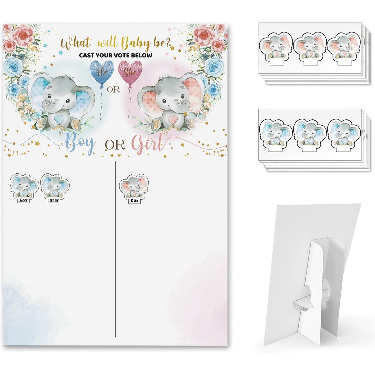 Baby Gender Reveal Board With Stand, 60 Elephant Boy And Girl Stickers For Party Guests?He Or She, Cast Your Vote Guess Game, Gender Reveal Party Centerpiece Decorations
