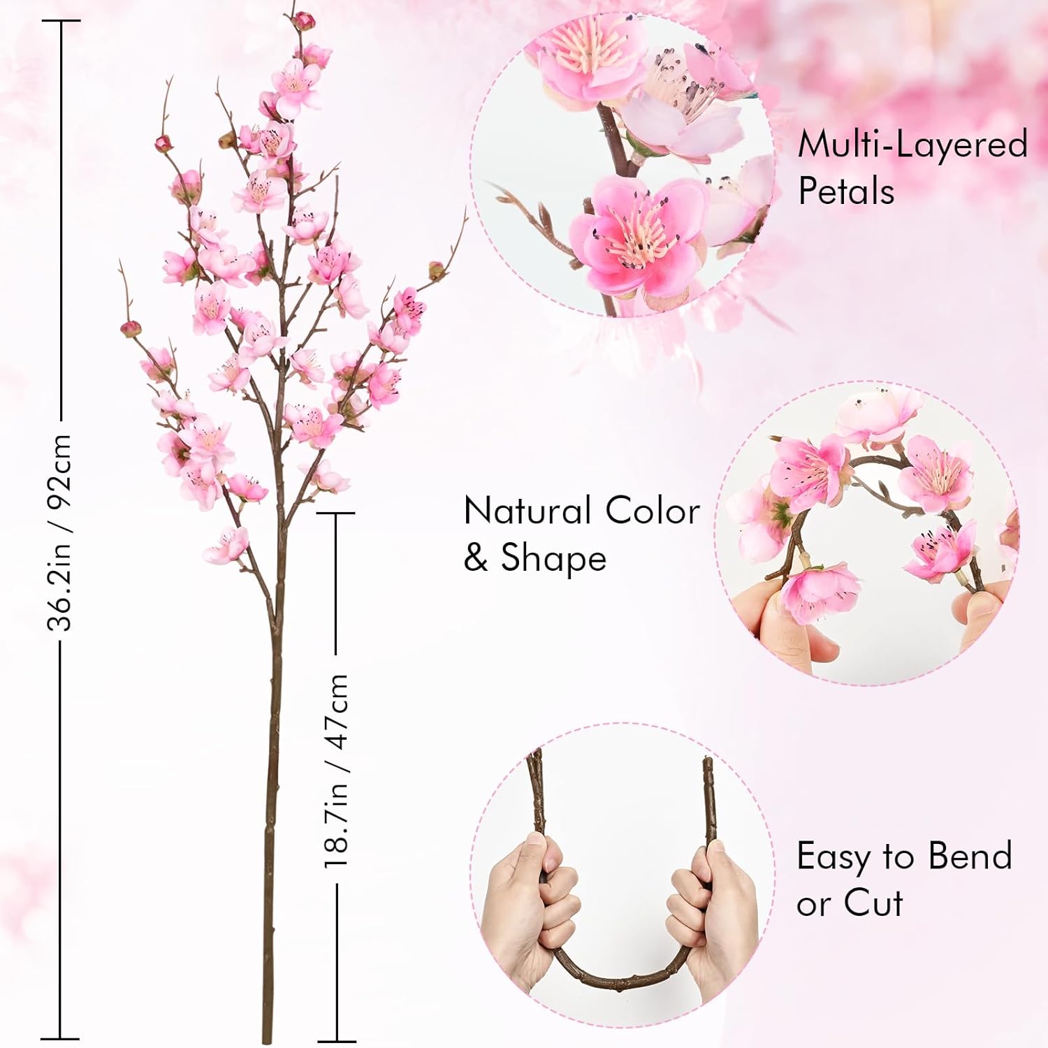 4 Pcs Faux Cherry Blossom Decor, 36'' Long Stem Artificial Flowers For Tall Vase, Cherry Blossom Tree Branches For Floral Arrangements Wedding Spring Decorations (Pink)