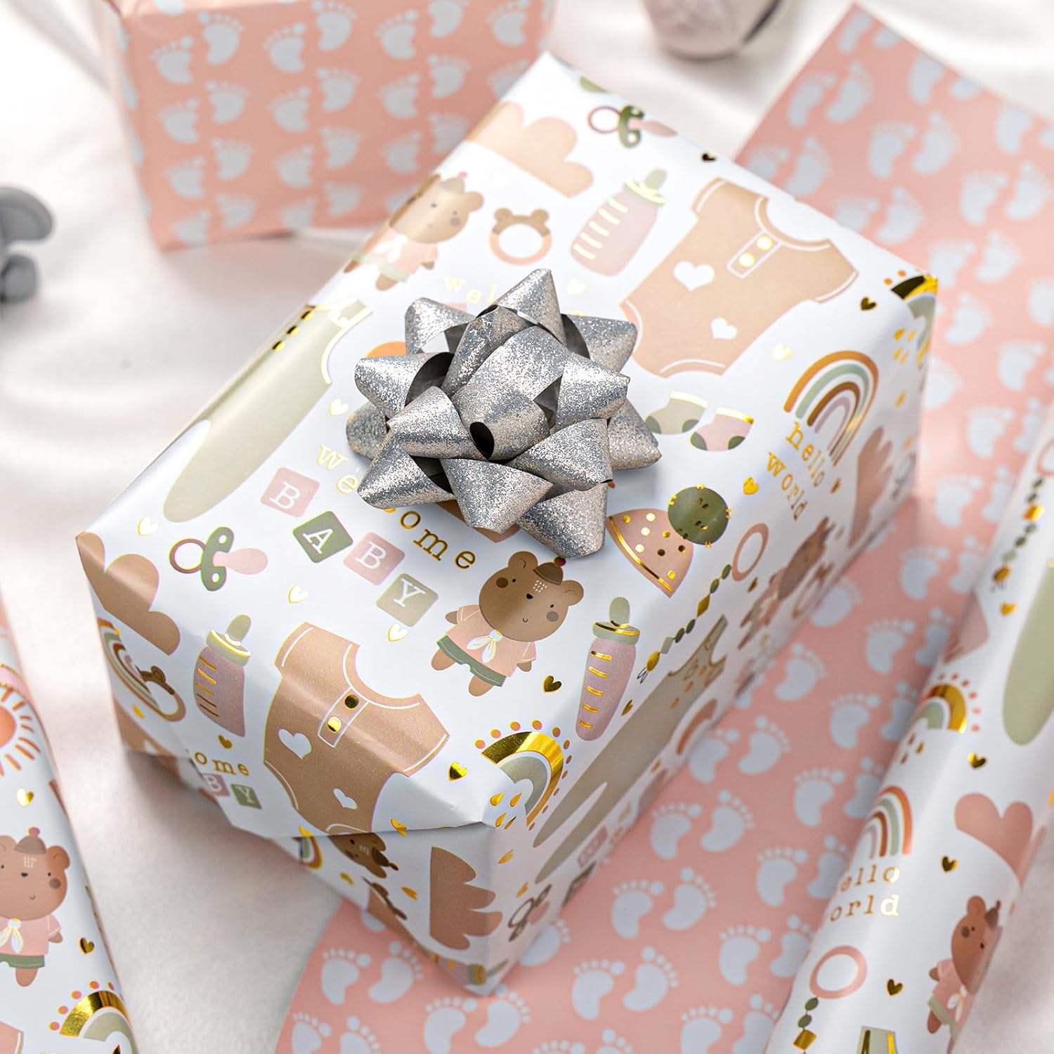 Reversible Baby Shower Wrapping Paper Roll, Gender Neutral Baby Wrapping Paper, Metallic Foil Newborn Clothes, Bottle And Rainbow Gift Wrap For Boys Or Girls, 1St Birthday(17 In X 33 Ft)