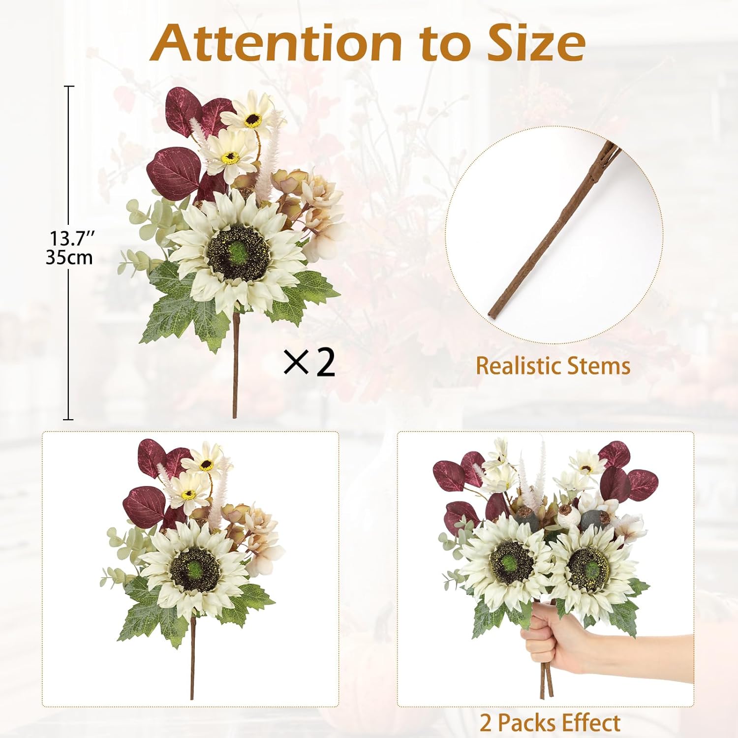 Fall Floral Stems, 2 Bundles White Sunflowers Artificial Flowers 13.7 Inch Silk Fake Fall Flowers Bouquet Faux Floral Stems Sunflower Centerpieces For Tables Wedding Thanksgiving Autumn Decor