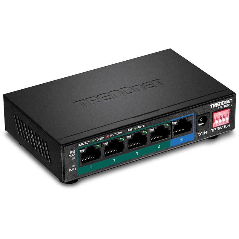 TRENDnet 5-Port Gigabit PoE+ Switch, Camera DIP Switch extends PoE+ 200m (656