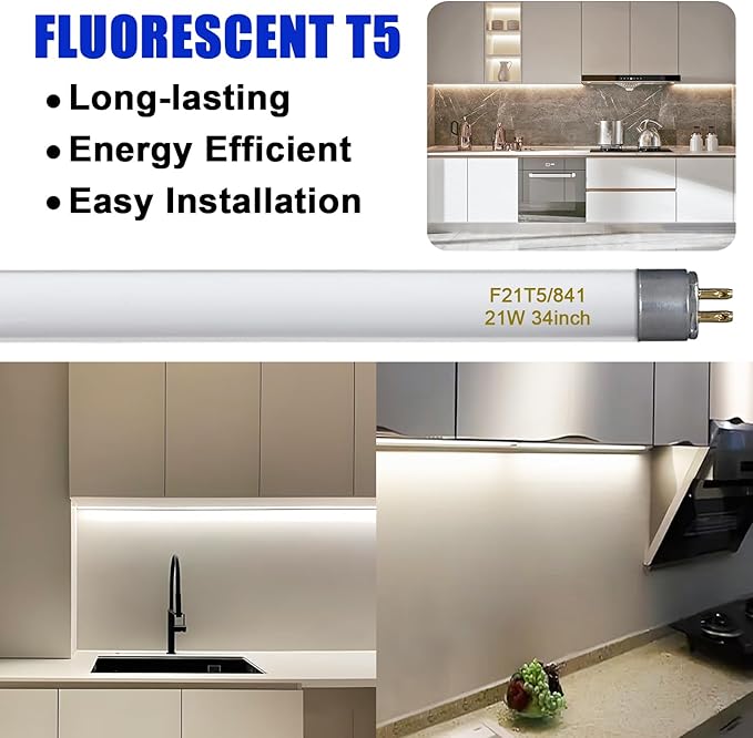 6 Pack F21T5 34 Inch Fluorescent Tube Light Bulbs 21W 4100K Cool White G5 Base