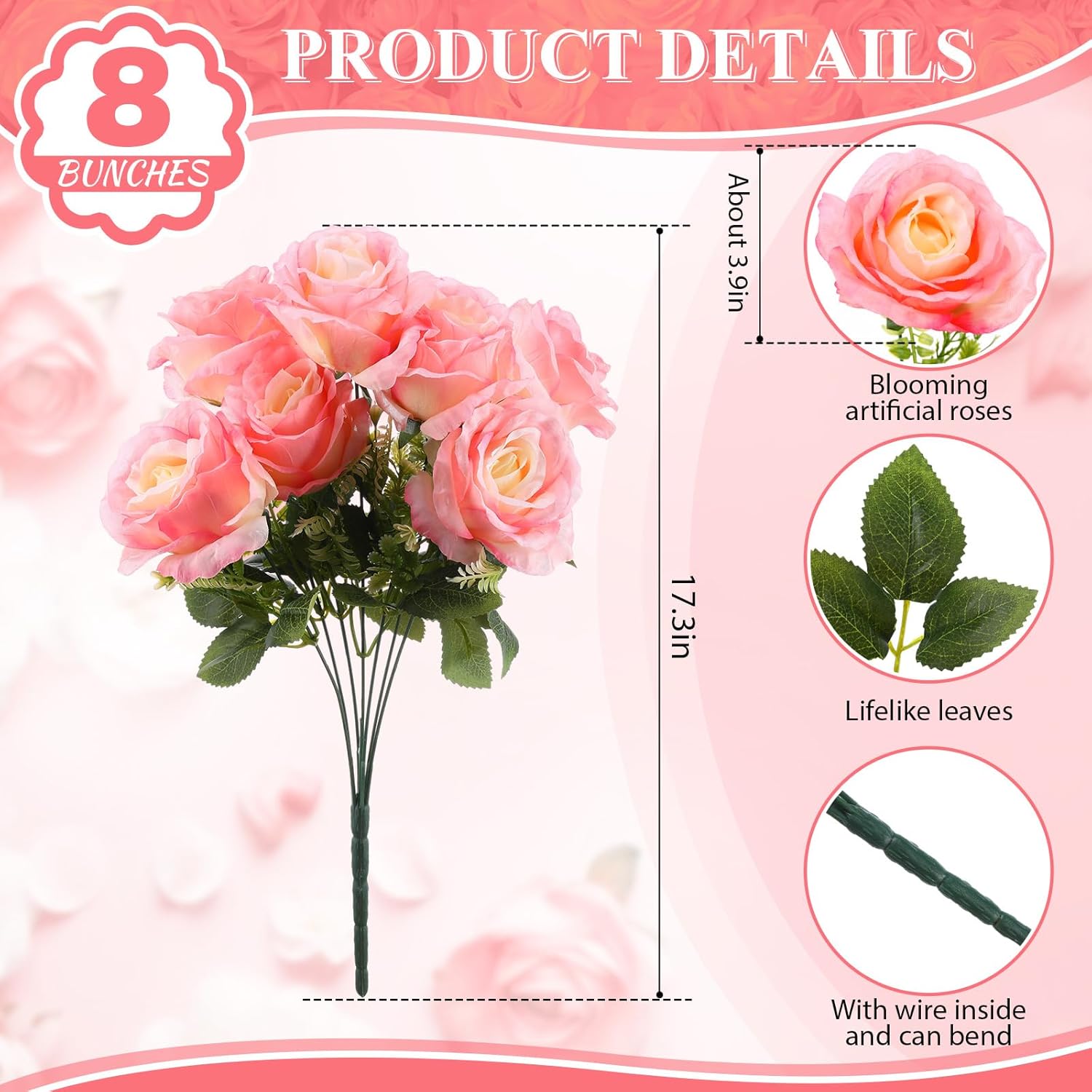 8 Bunches 17.3" Artificial Silk Flowers, Fake Roses Flower Bouquet 56 Heads Whit Artificial Roses Bulk With Stems For Bridal Wedding Home Mother'S Day Decor (Pink)