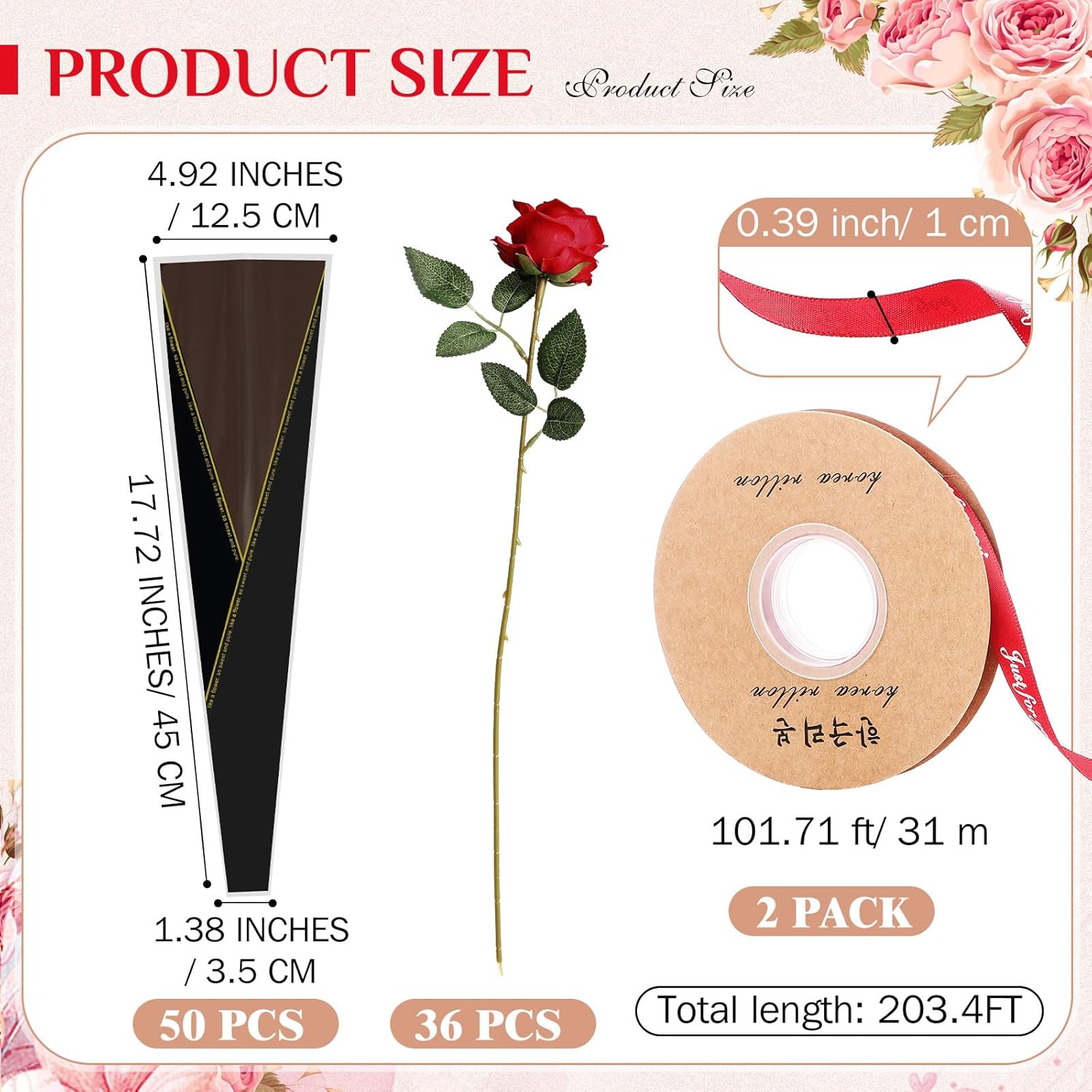 36 Pack Single Rose Gift Wrapping Set, Artificial Roses Bulk With Flower Sleeves, One Stem Rose Packaging For Valentine'S Day, Anniversary, Romantic Mother'S Gifts(Black)