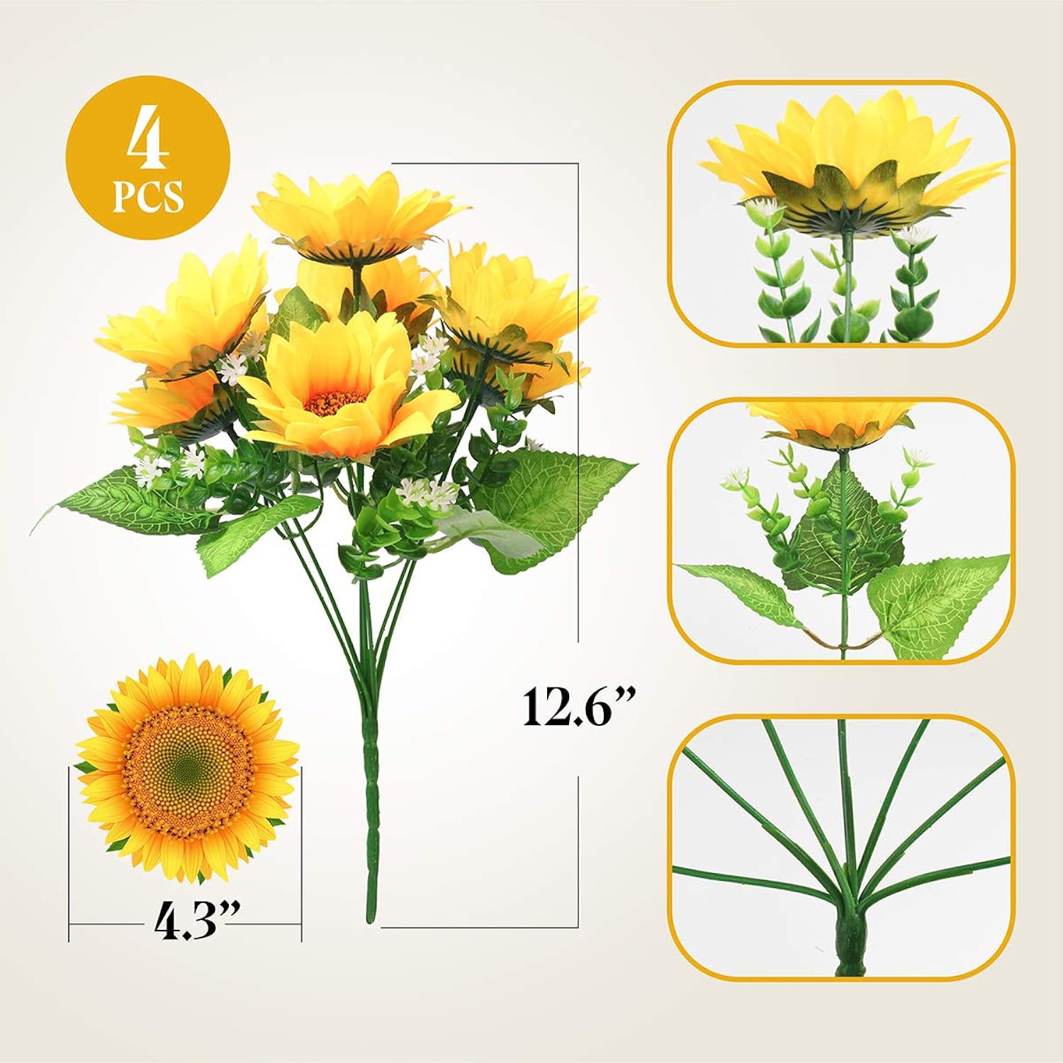 4 Bunches Artificial Sunflower Bouquets, Fake Sunflowers With Stems, Silk Wildflowers Realistic Yellow Faux Sun Flowers For Wedding Decorations Fall Floral Arrangements Home Garden Table Decor