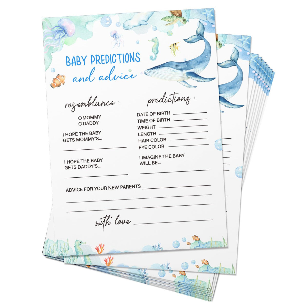 Baby Predictions & Advice For New Parents - Ocean Baby Shower Activity By Printed Party?Gender Neutral Ocean Animals Theme Baby Showers Game Set Of 50 Cards-1X